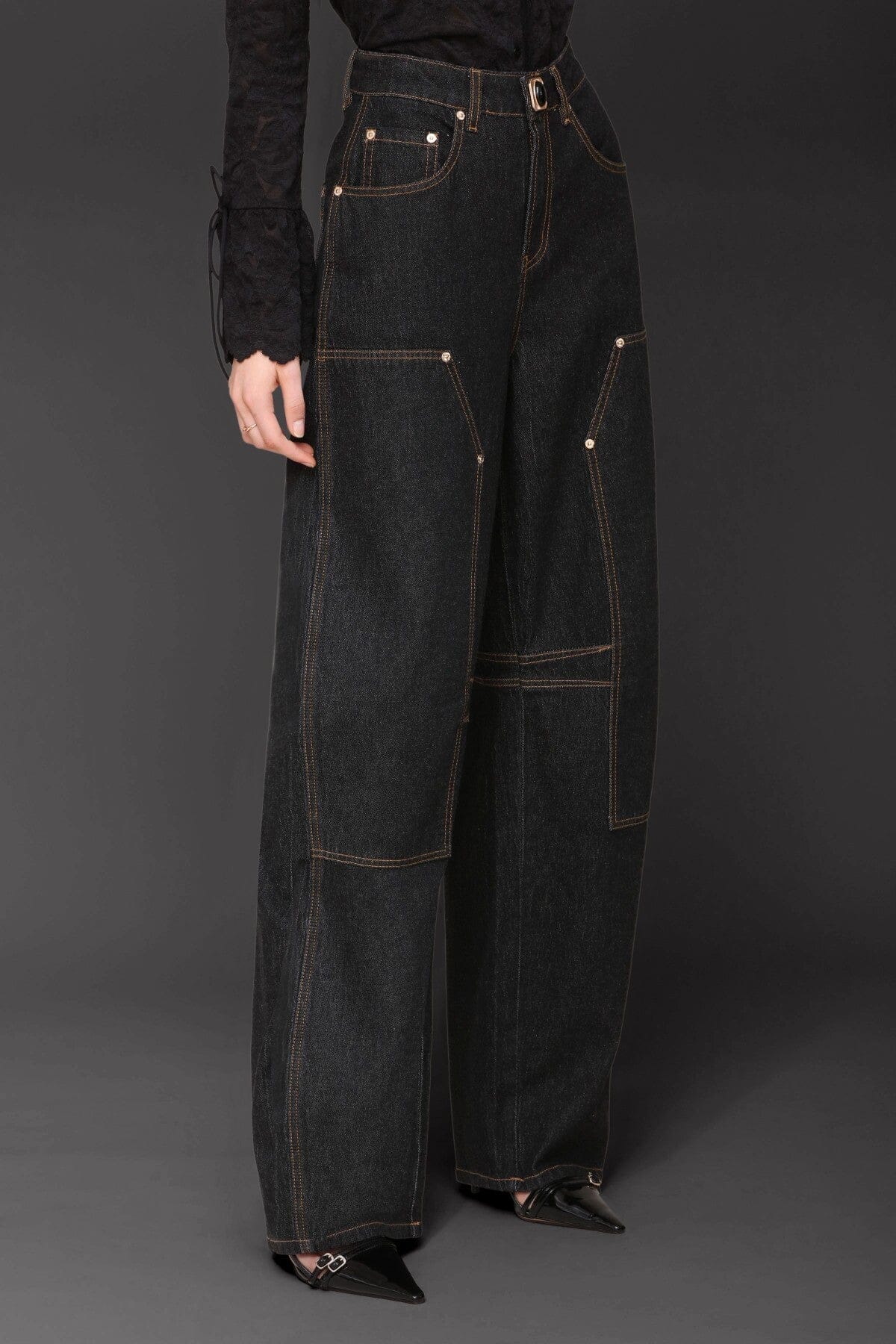 Novelty button dark indigo high-rise barrel leg jeans made from cotton-blend with front and back pockets - Cute women's pants by Avec Les Filles