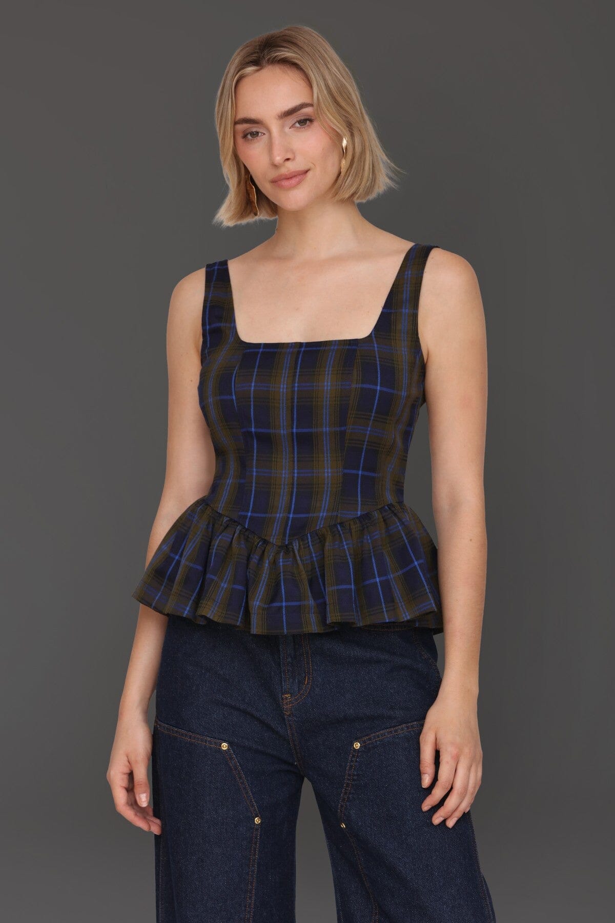 Navy green plaid sleeveless peplum top with fitted bodice and square neckline - Cute women's tops by Avec Les Filles