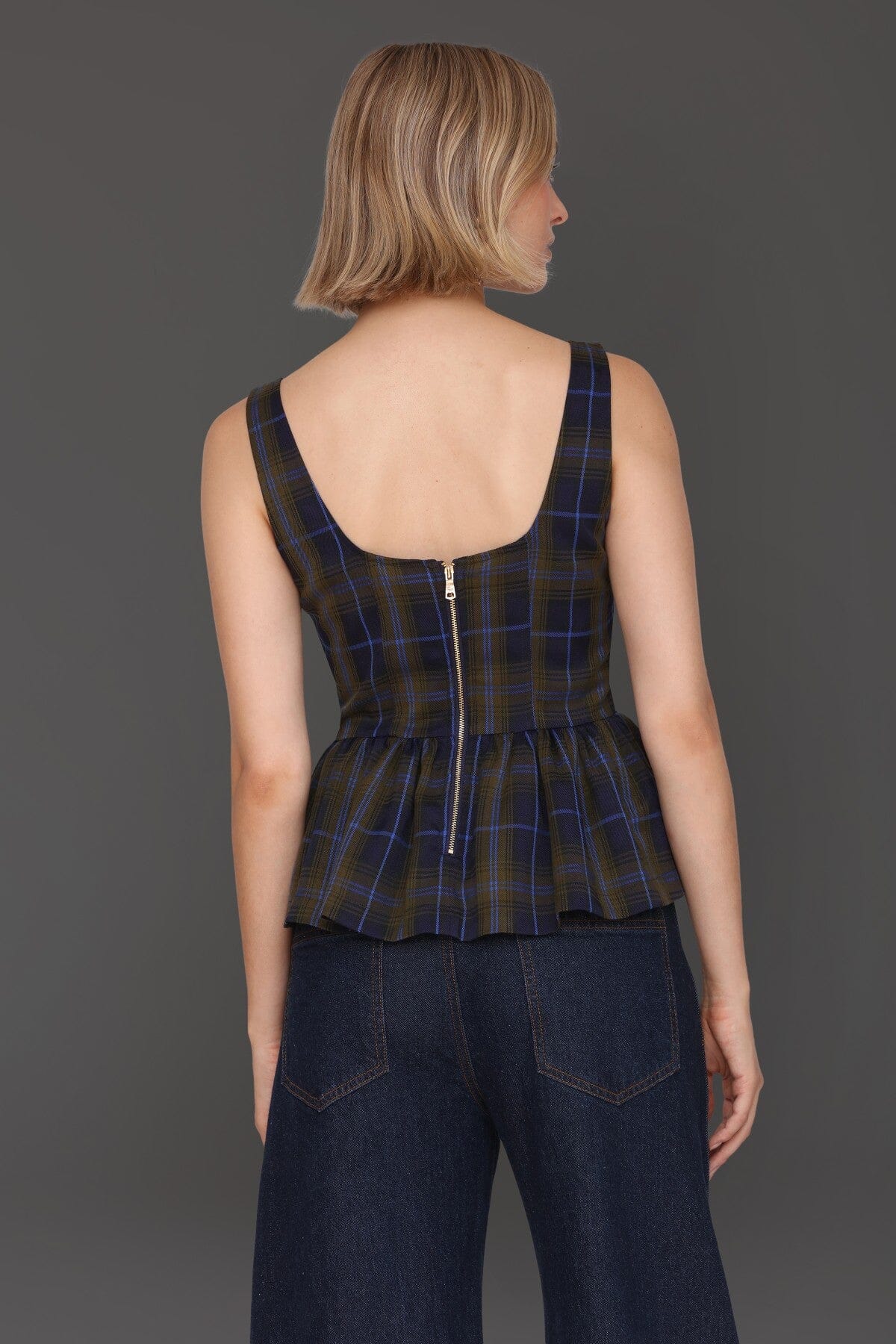 Navy green plaid sleeveless peplum top with fitted bodice and square neckline - Cute women's tops by Avec Les Filles