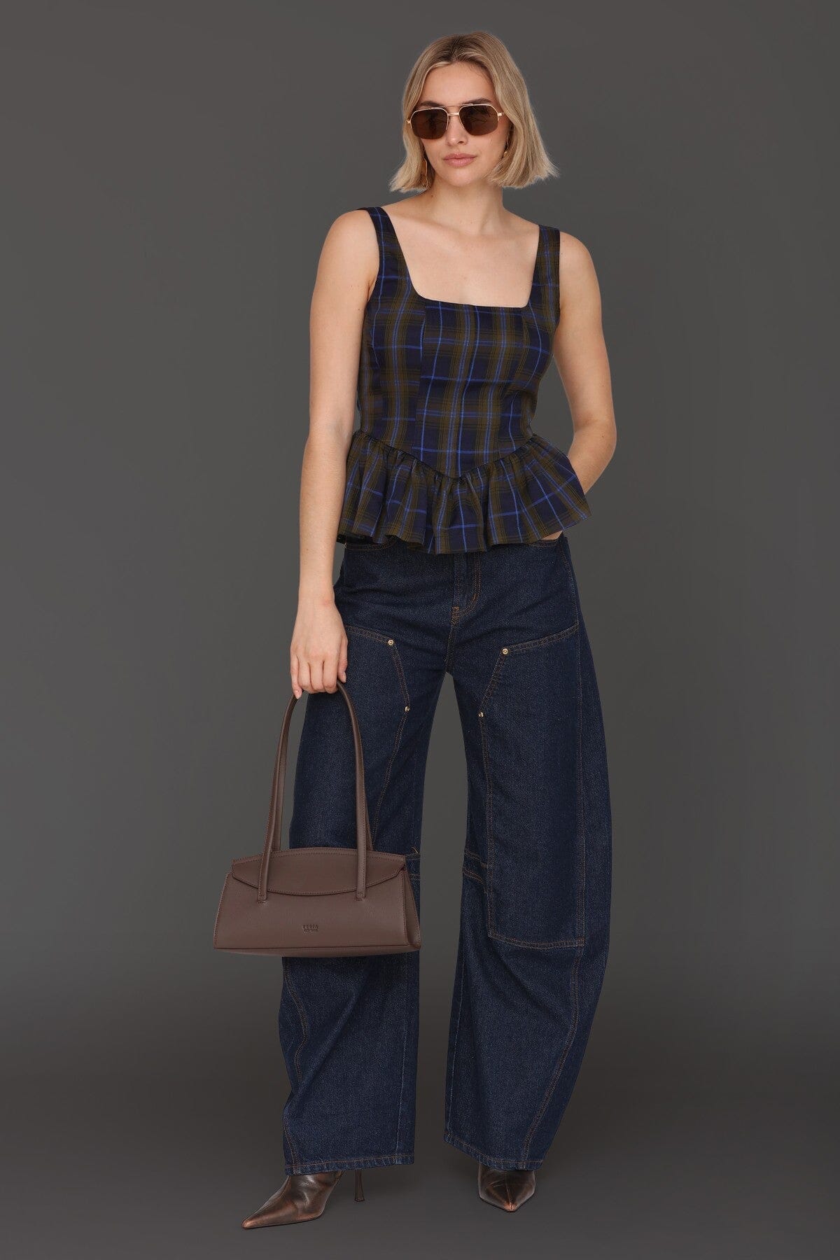 Navy green plaid sleeveless peplum top with fitted bodice and square neckline - Cute women's tops by Avec Les Filles