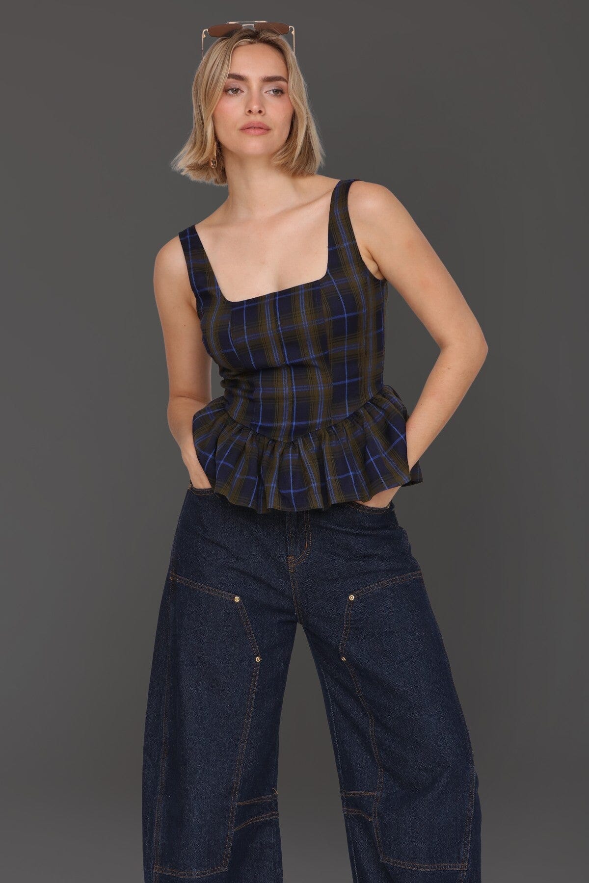 Navy green plaid sleeveless peplum top with fitted bodice and square neckline - Cute women's tops by Avec Les Filles