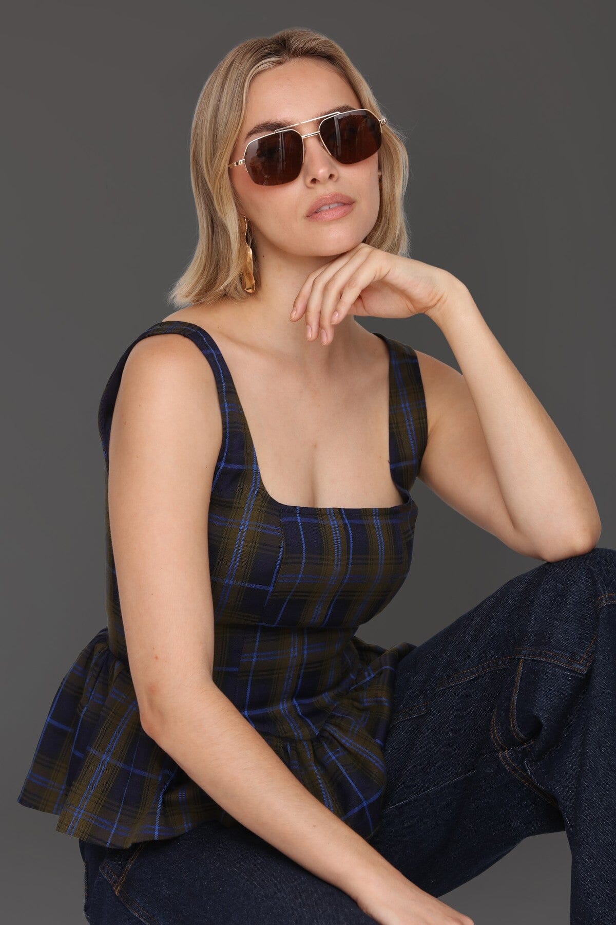 Navy green plaid sleeveless peplum top with fitted bodice and square neckline - Cute women's tops by Avec Les Filles