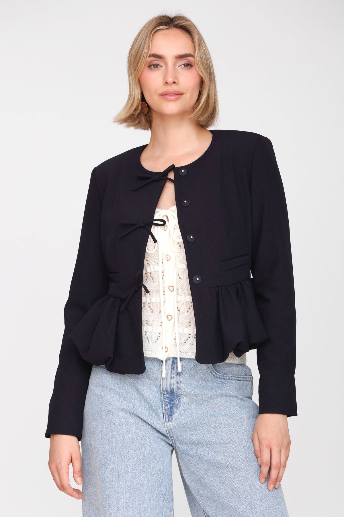 Bow-Front Stretch Suiting Peplum Jacket Coats & Jackets Avec Les Filles