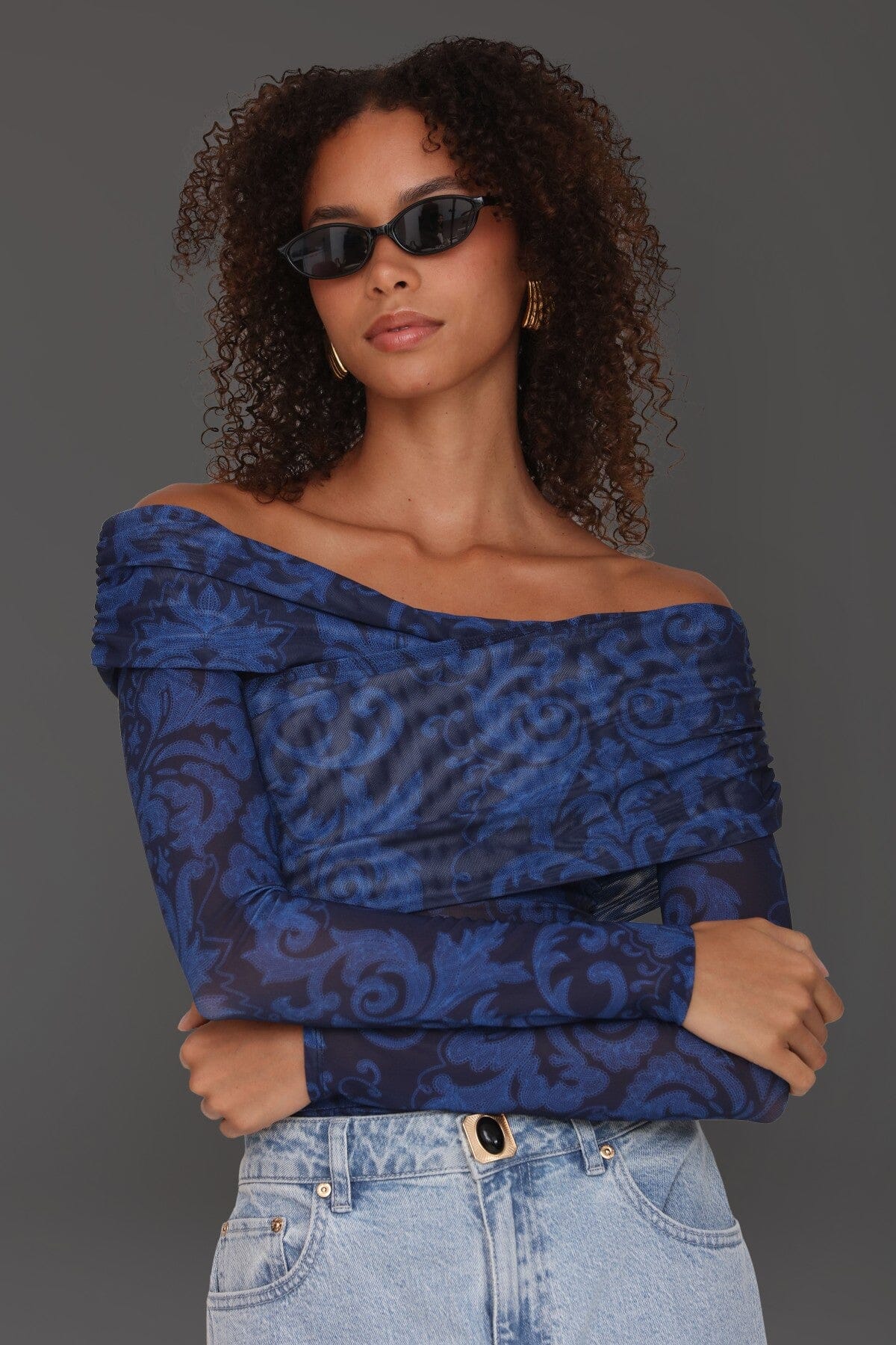 Off-shoulder paisley mesh navy blue bodysuit top with criss-cross neckline and long sleeves - Cute women's tops by Avec Les Filles