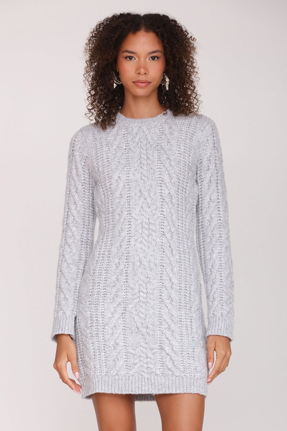 Cable knit silver grey mini sweater dress with crew neckline and long sleeves - Cute women's mini dresses by Avec Les Filles