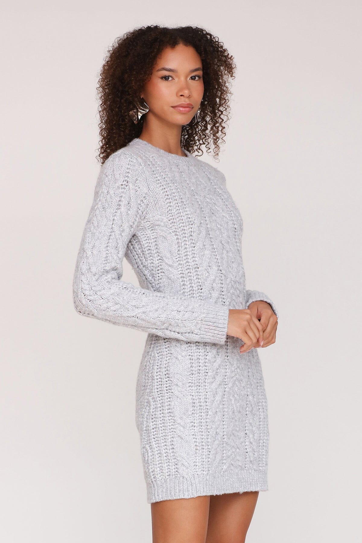 Cable knit silver grey mini sweater dress with crew neckline and long sleeves - Cute women's mini dresses by Avec Les Filles