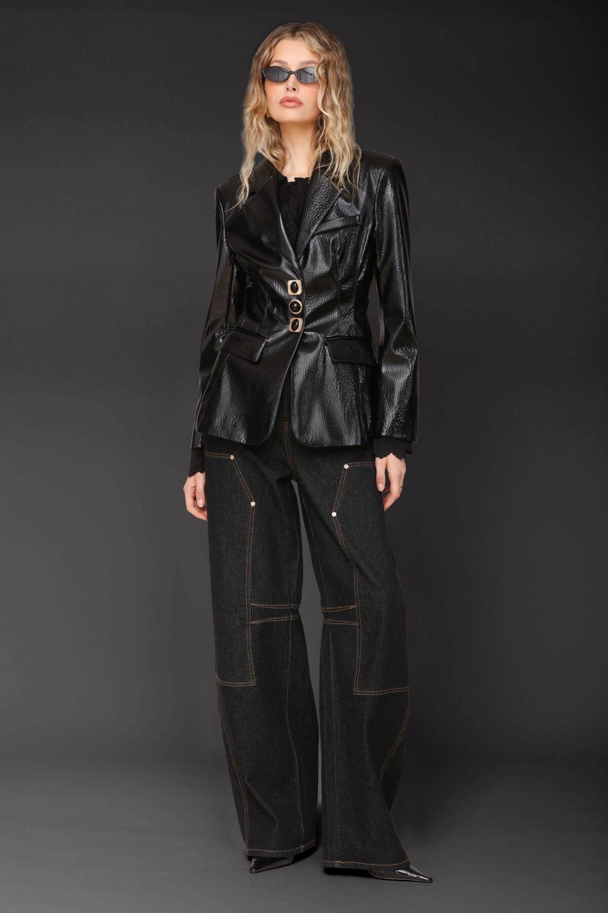 Novelty glossy button-front black faux leather blazer with peak lapel neckline and structured shoulders - Cute women's blazer jackets by Avec Les Filles