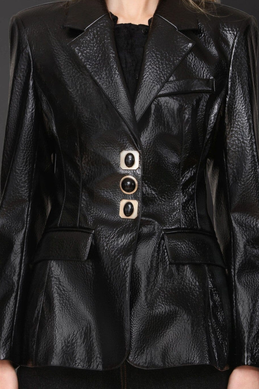 Novelty glossy button-front black faux leather blazer with peak lapel neckline and structured shoulders - Cute women's blazer jackets by Avec Les Filles