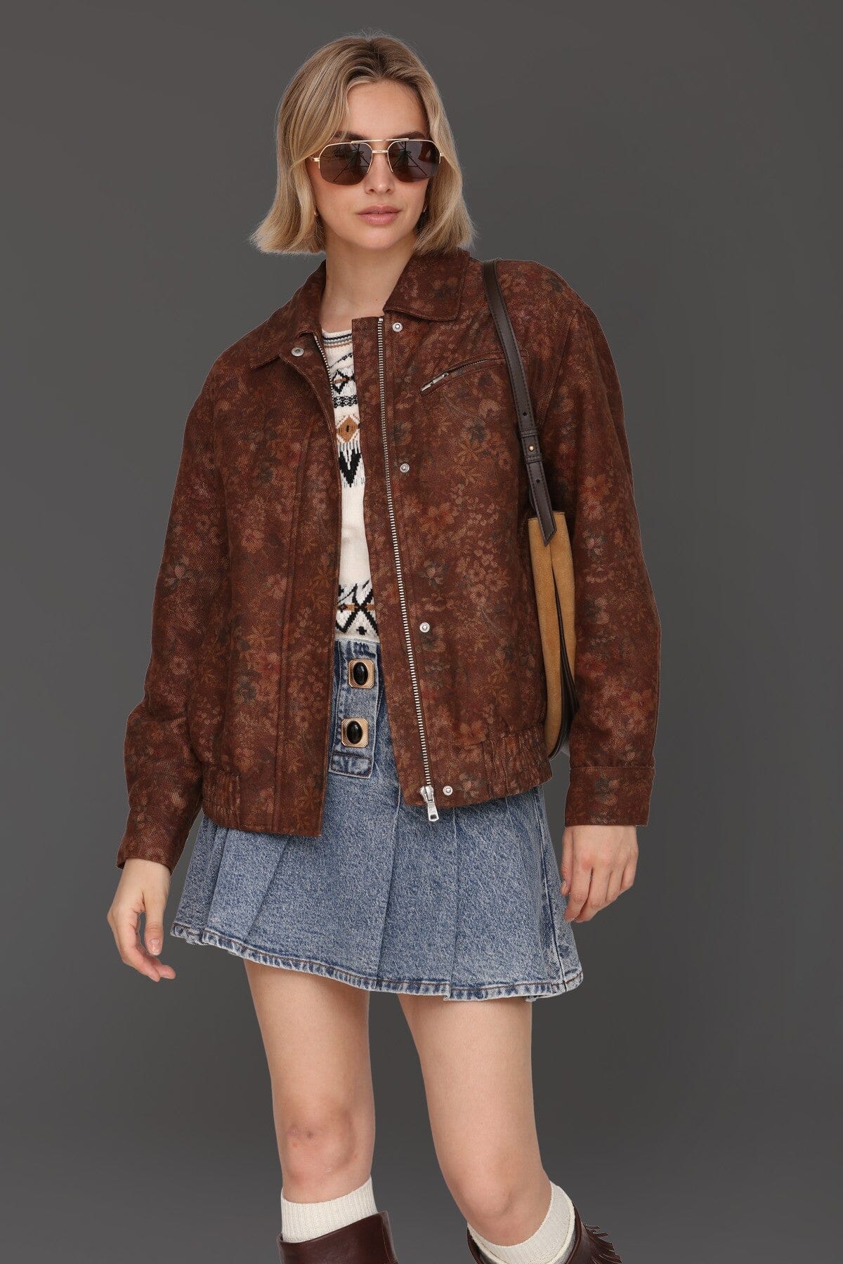 Vintage floral print relaxed oversized brown bomber jacket with pointed collar and front zip - Cute women's jackets by Avec Les Filles