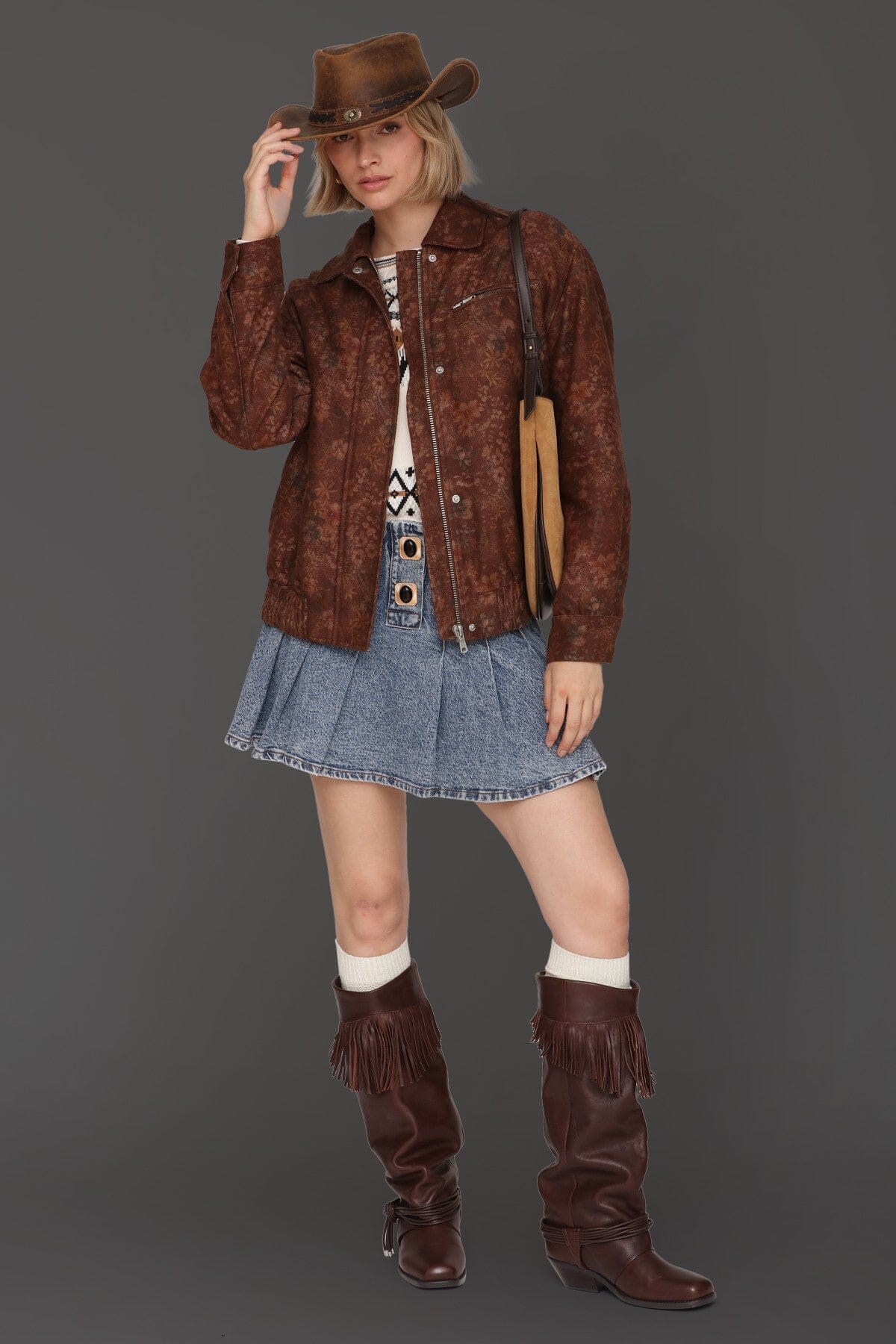 Vintage floral print relaxed oversized brown bomber jacket with pointed collar and front zip - Cute women's jackets by Avec Les Filles