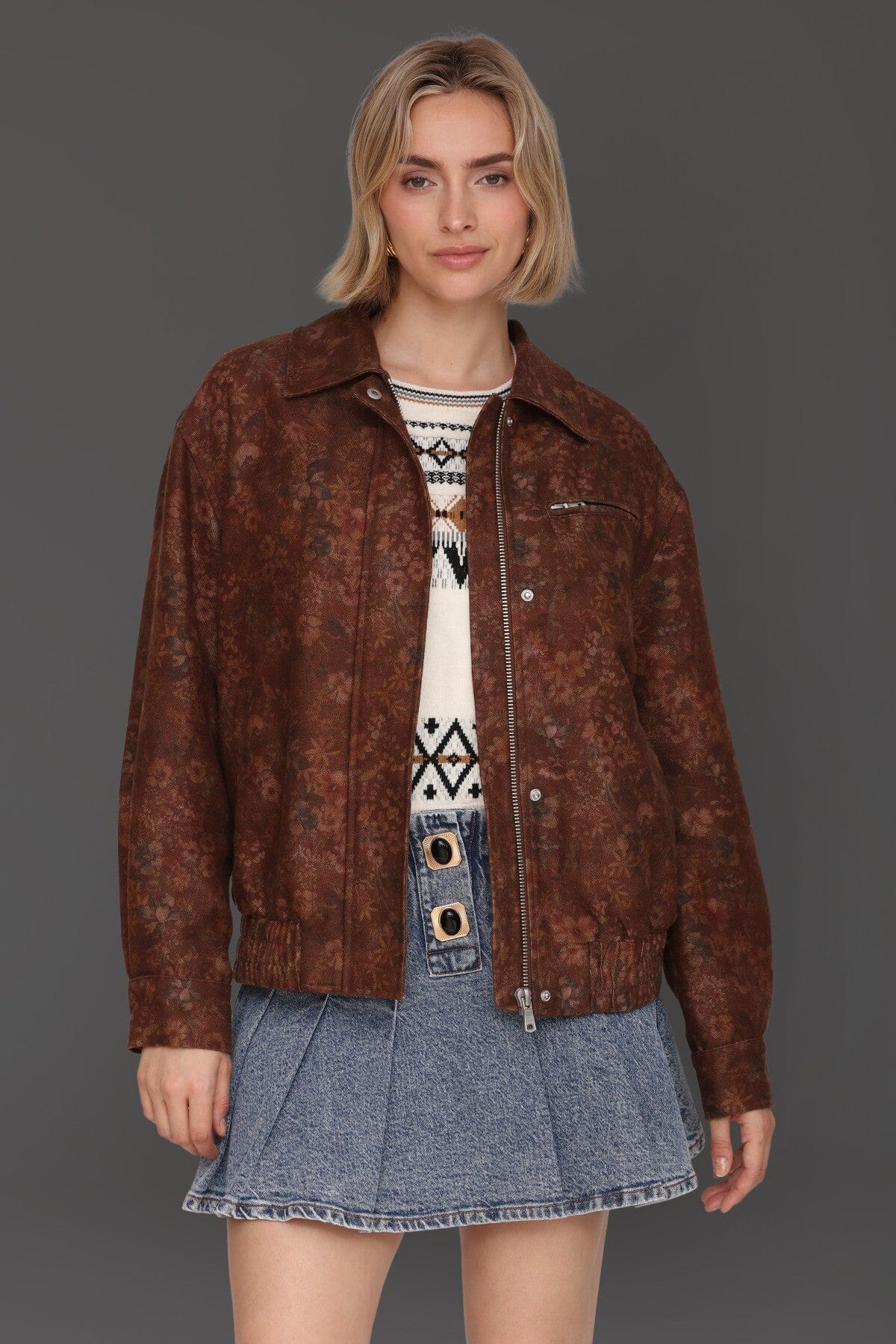 Vintage floral print relaxed oversized brown bomber jacket with pointed collar and front zip - Cute women's jackets by Avec Les Filles