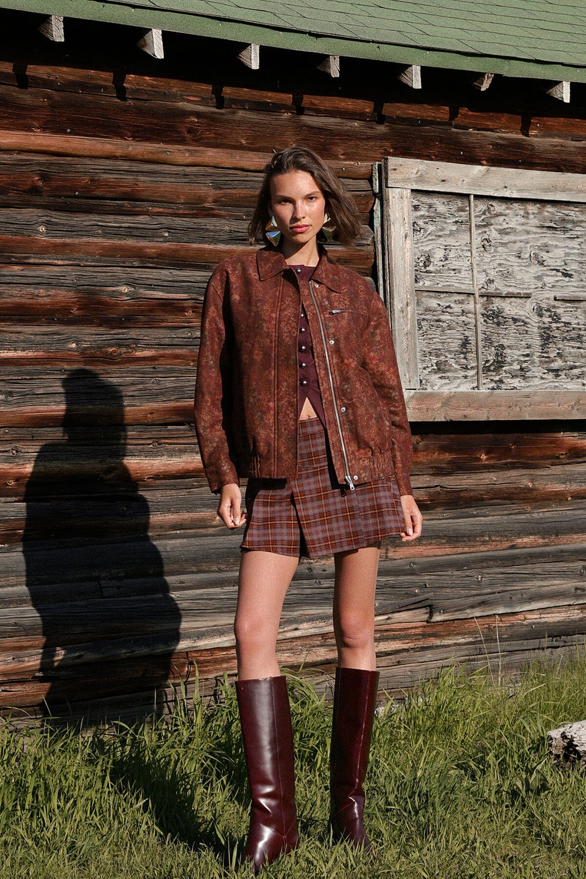 Vintage floral print relaxed oversized brown bomber jacket with pointed collar and front zip - Cute women's jackets by Avec Les Filles