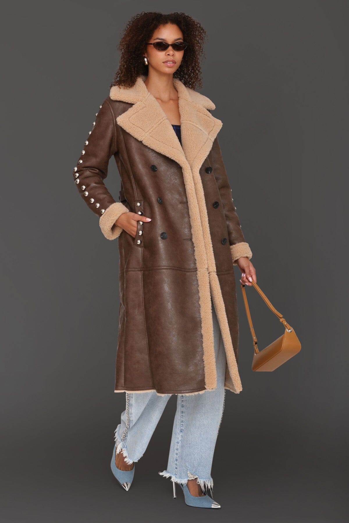 Studded faux shearling button-front brown double-breasted coat with wide notched collar and side pockets - Cute women's long coats by Avec Les Filles