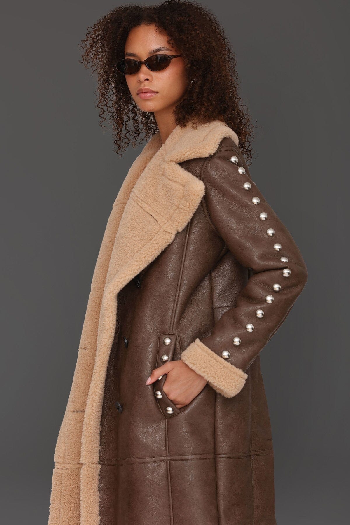 Studded faux shearling button-front brown double-breasted coat with wide notched collar and side pockets - Cute women's long coats by Avec Les Filles