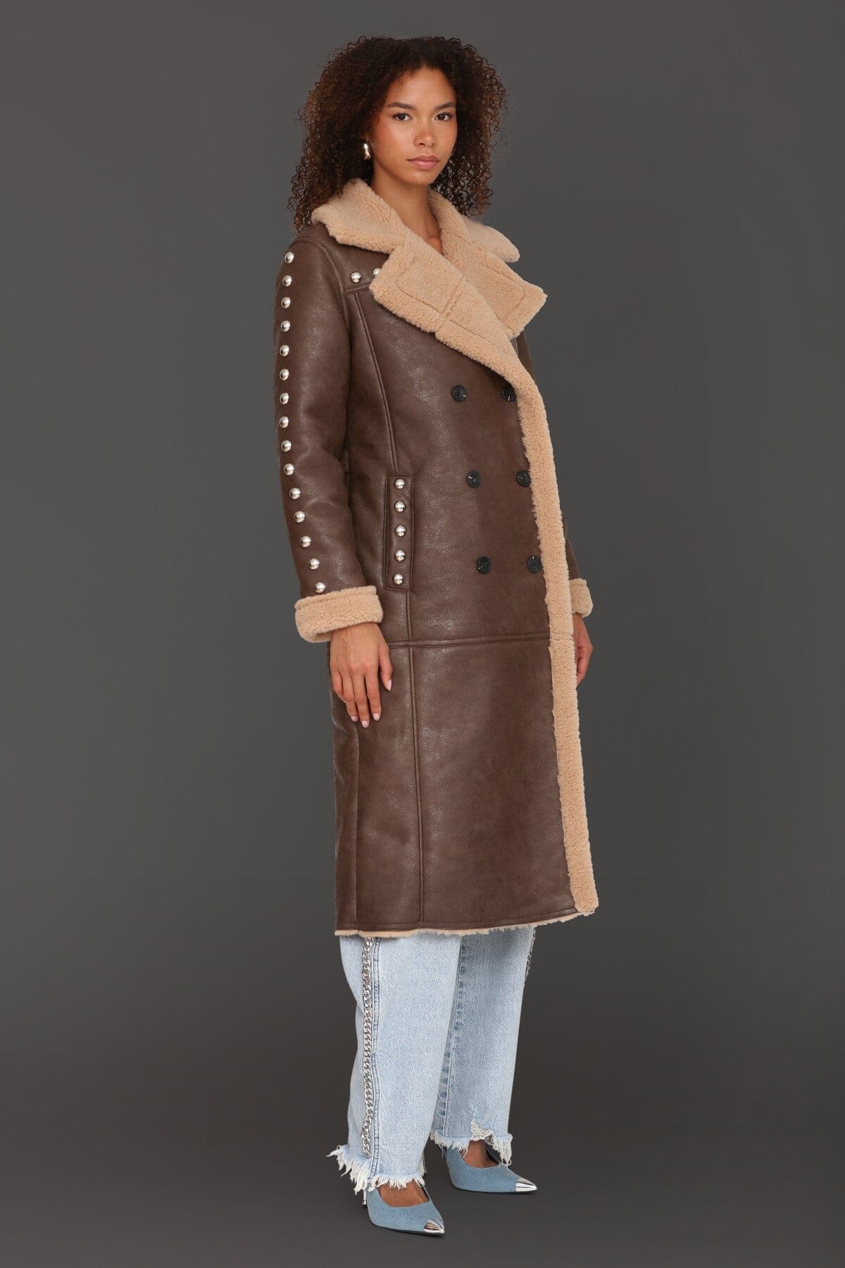 Studded faux shearling button-front brown double-breasted coat with wide notched collar and side pockets - Cute women's long coats by Avec Les Filles