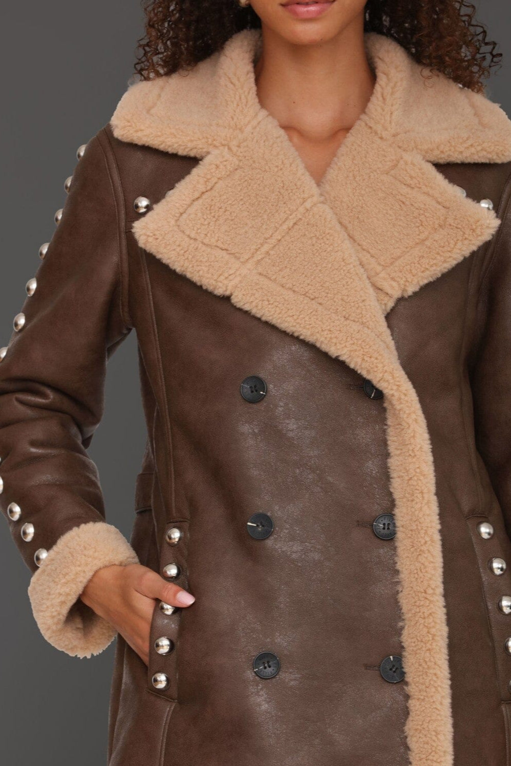 Studded faux shearling button-front brown double-breasted coat with wide notched collar and side pockets - Cute women's long coats by Avec Les Filles