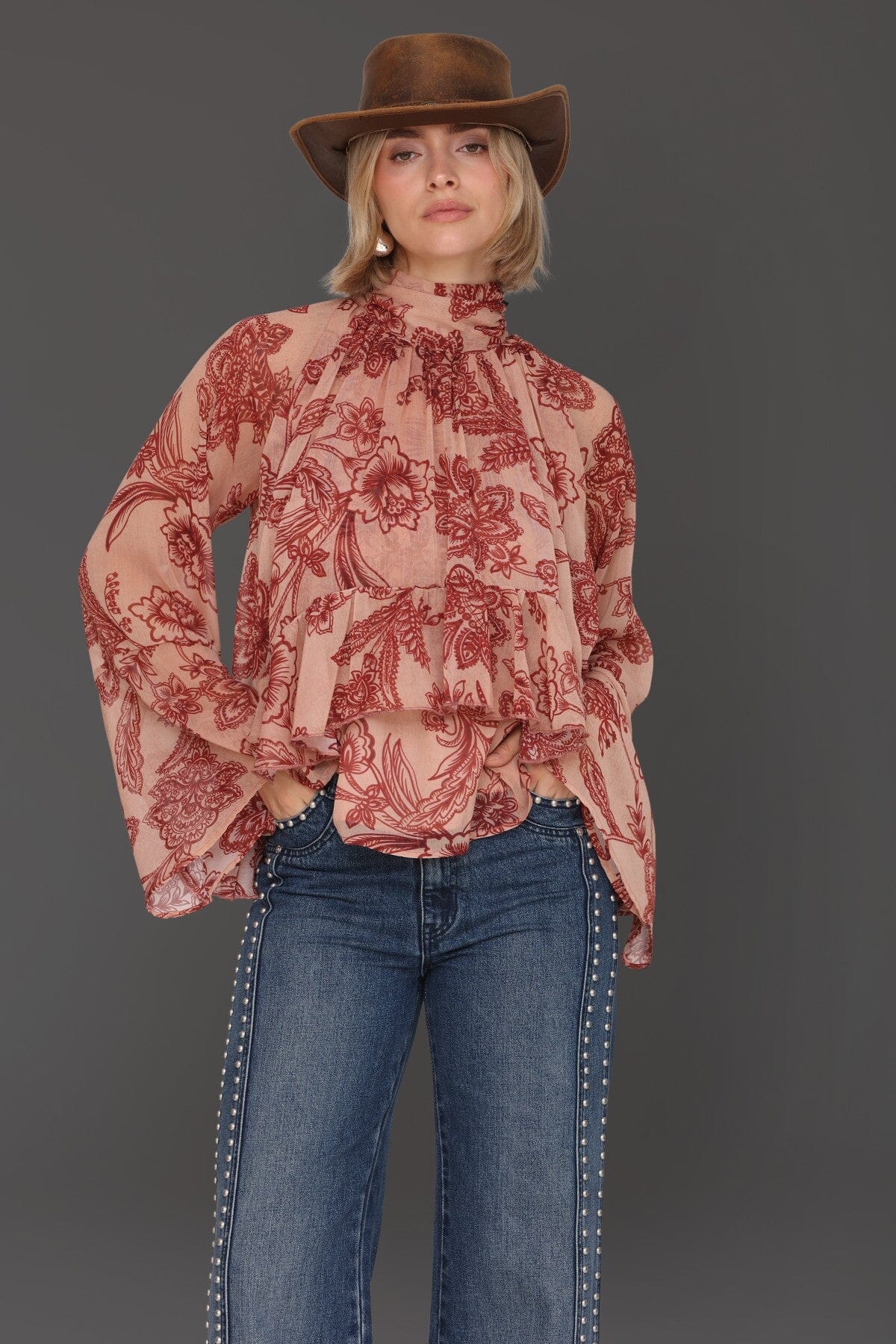 Tapestry floral print chiffon ruffle blouse with self-tie bow and long billowing sleeves - Cute women's tops by Avec Les Filles