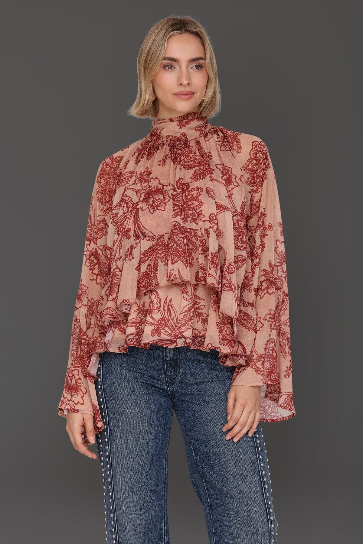 Tapestry floral print chiffon ruffle blouse with self-tie bow and long billowing sleeves - Cute women's tops by Avec Les Filles