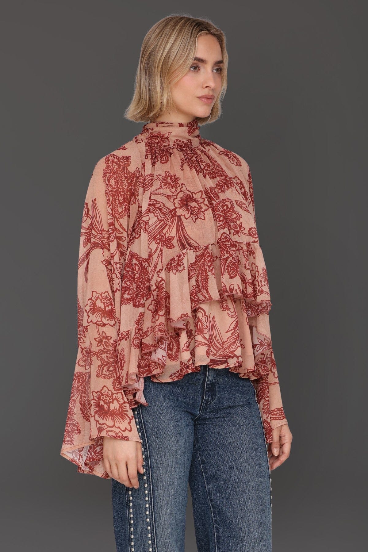 Tapestry floral print chiffon ruffle blouse with self-tie bow and long billowing sleeves - Cute women's tops by Avec Les Filles