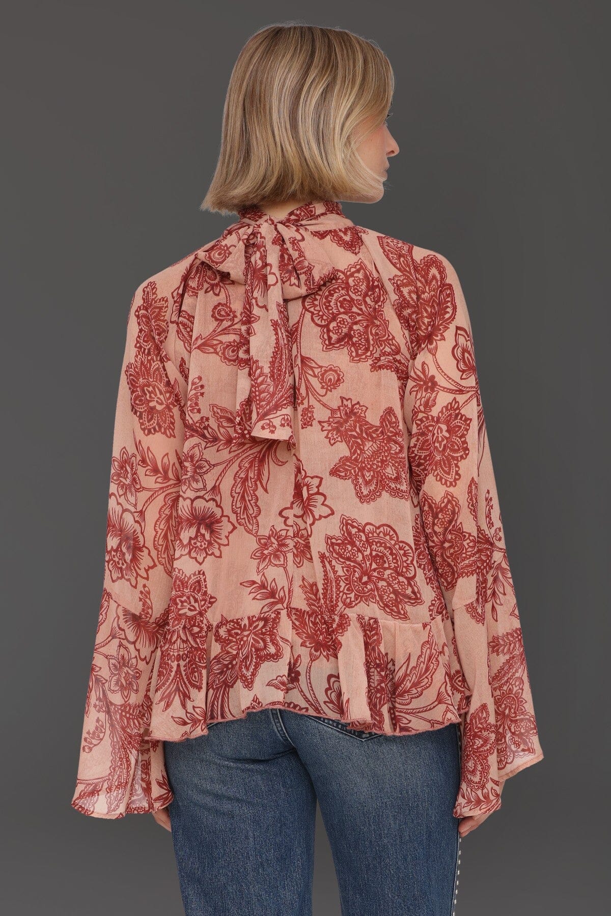 Tapestry floral print chiffon ruffle blouse with self-tie bow and long billowing sleeves - Cute women's tops by Avec Les Filles