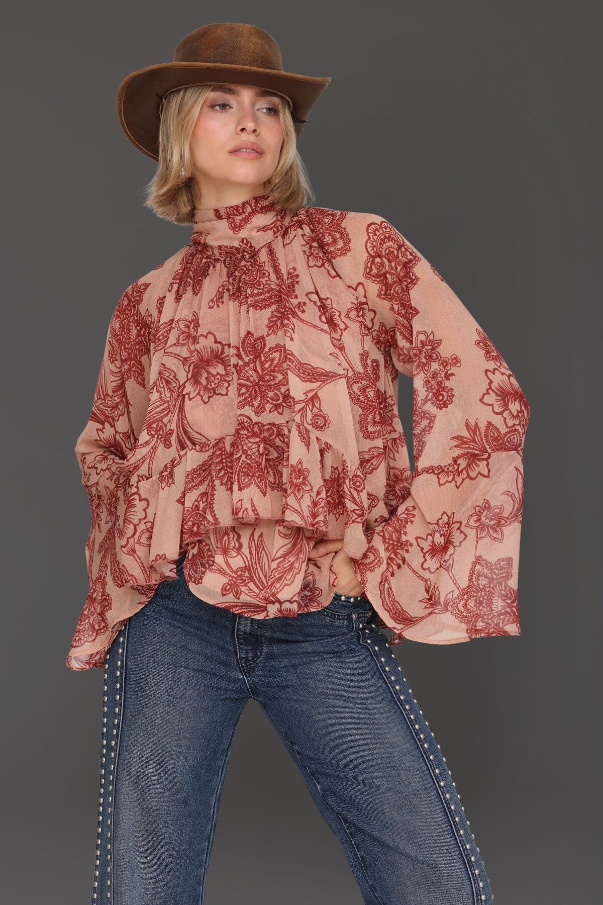 Tapestry floral print chiffon ruffle blouse with self-tie bow and long billowing sleeves - Cute women's tops by Avec Les Filles