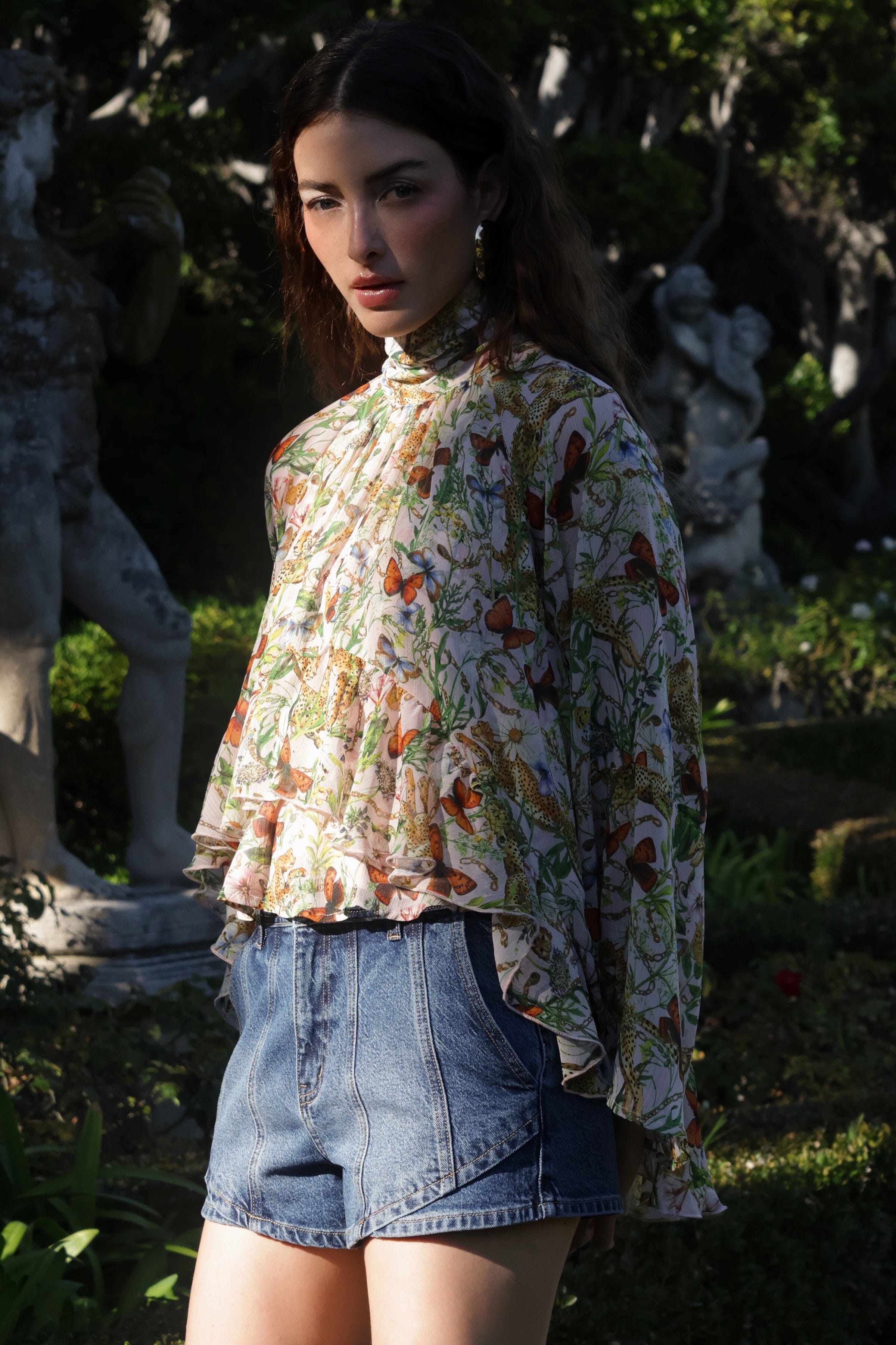 Dark blue high-rise denim shorts with ruffle blouse top - Shop women’s cute shorts by Avec Les Filles
