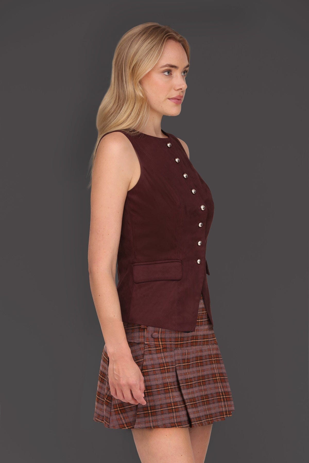 Faux suede cutaway front maroon vest top with sleeveless and boatneck design - Cute women's tops by Avec Les Filles
