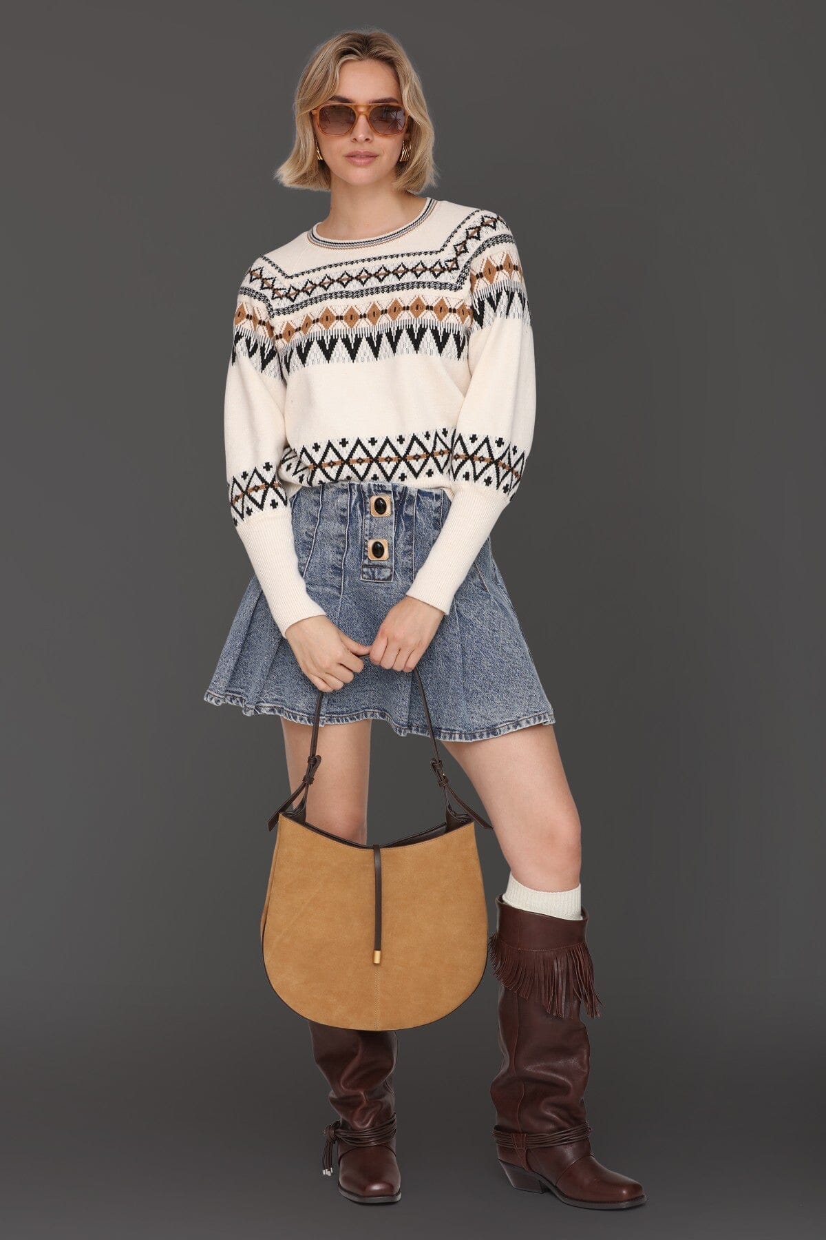 Fair isle jacquard pattern long puff sleeve ivory sweater with crew neckline - Cute women's sweater by Avec Les Filles