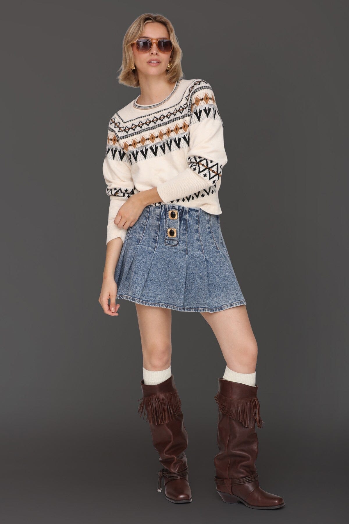 Fair isle jacquard pattern long puff sleeve ivory sweater with crew neckline - Cute women's sweater by Avec Les Filles
