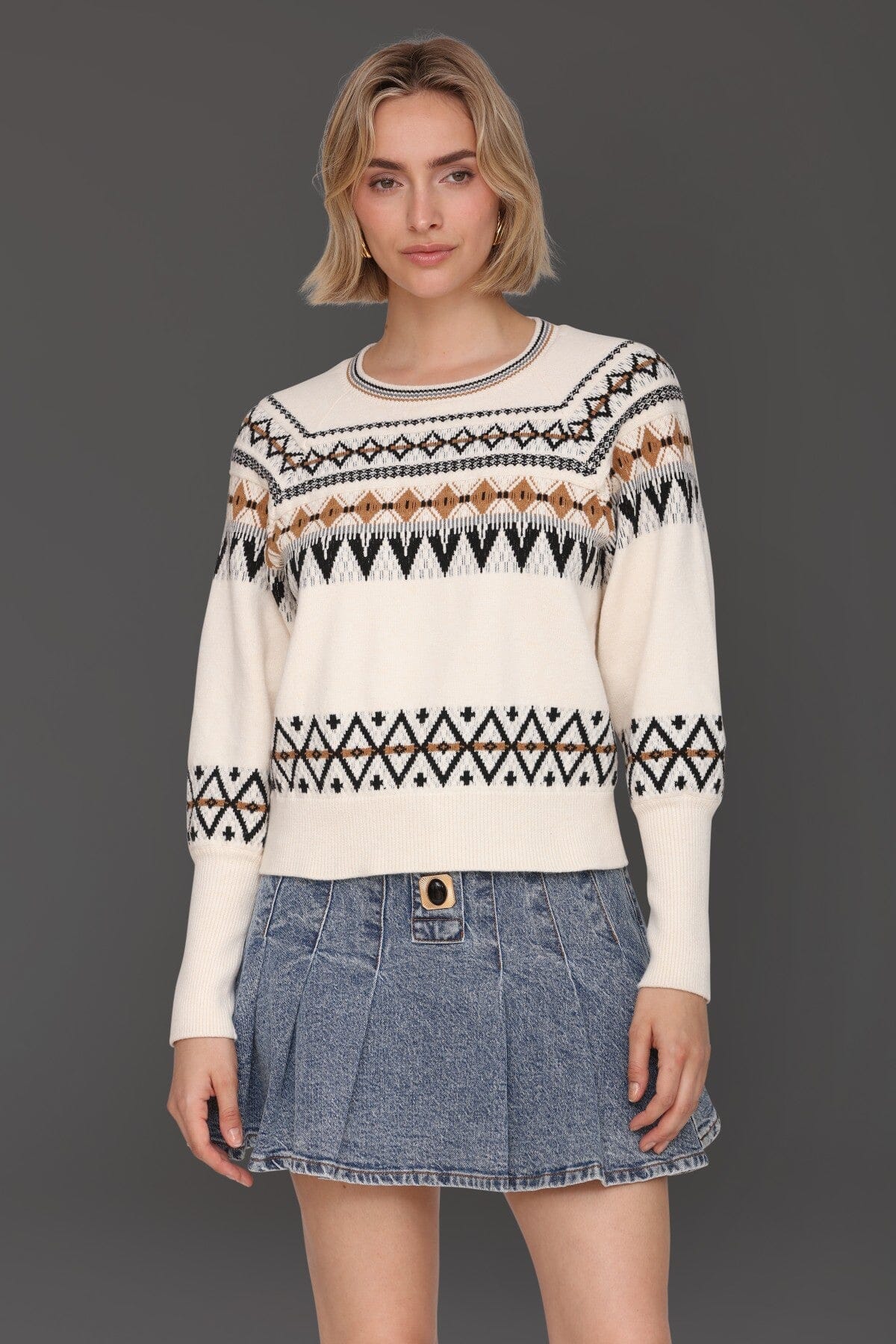 Fair isle jacquard pattern long puff sleeve ivory sweater with crew neckline - Cute women's sweater by Avec Les Filles