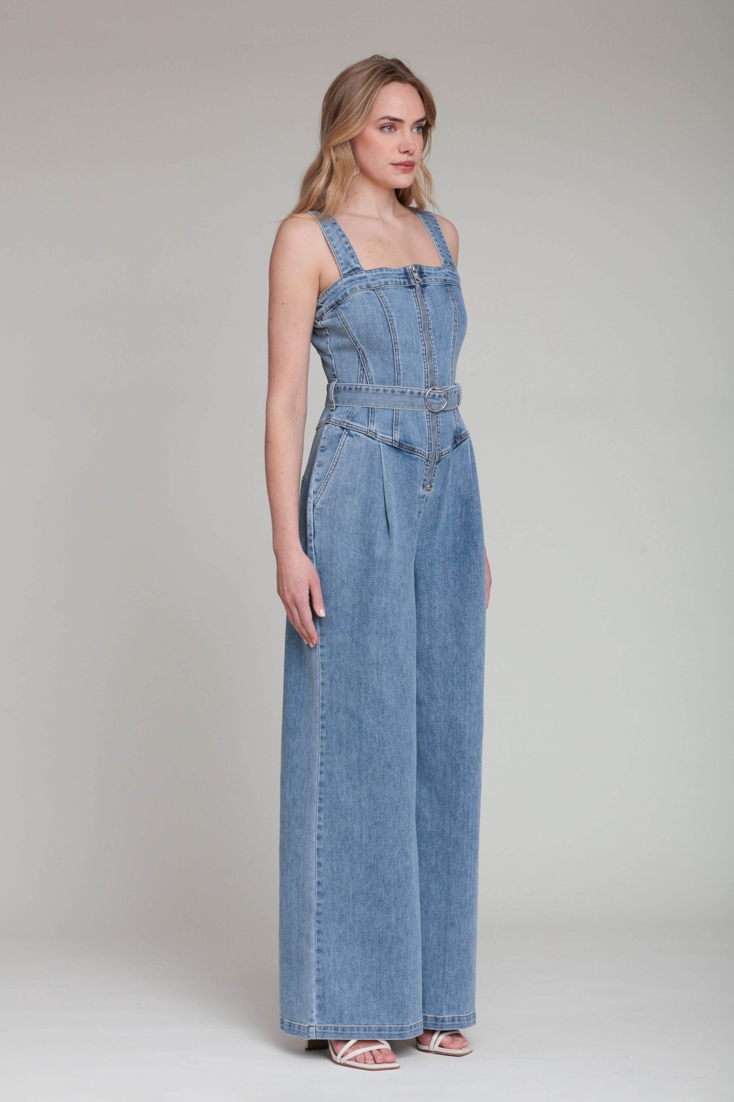 Blue denim zip jumpsuit with wide straps and removable belt - Women's denim jumpsuit clothing by Avec Les Filles