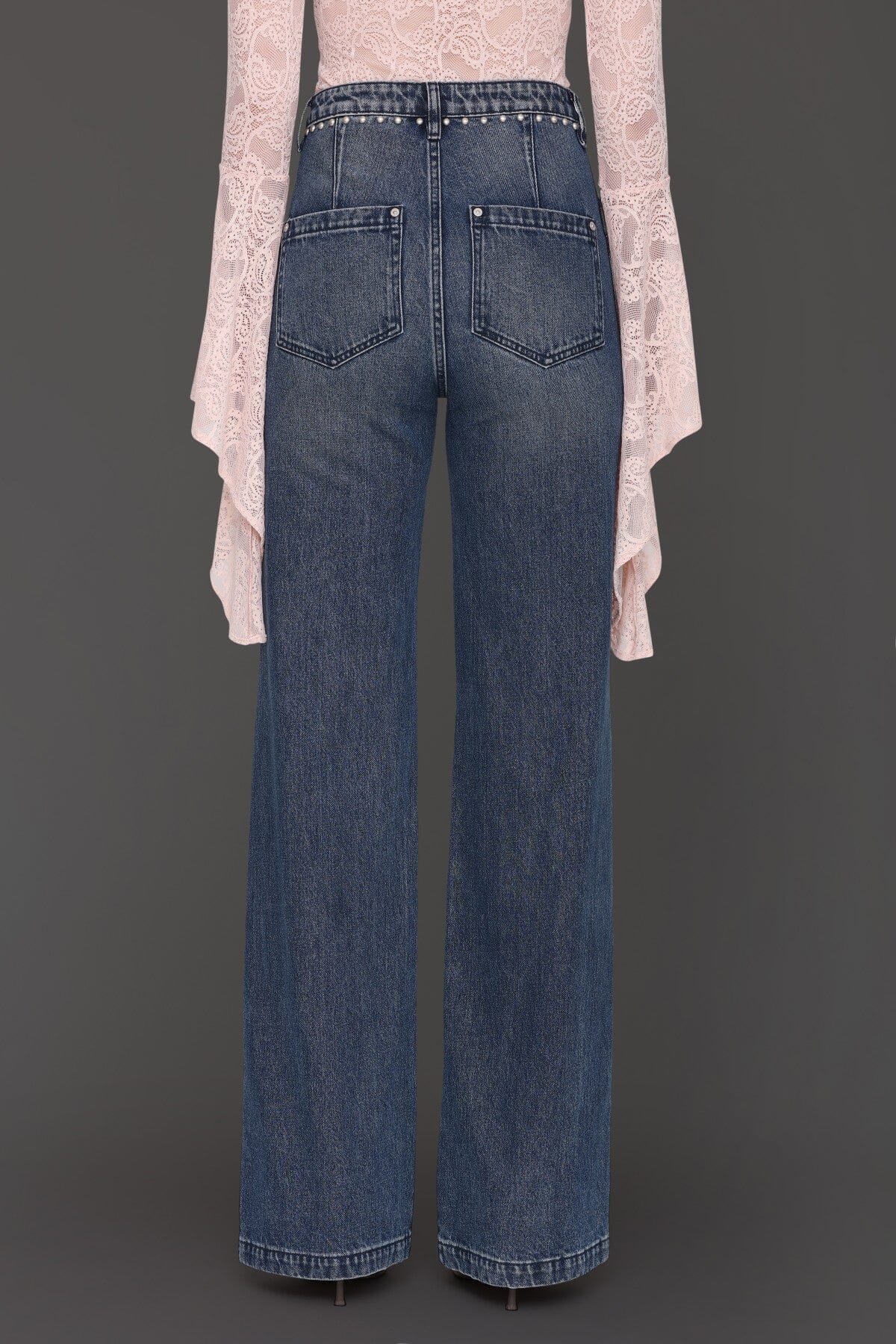 Studded blue cotton wide leg jeans with front and back pockets - Cute women's pants by Avec Les Filles