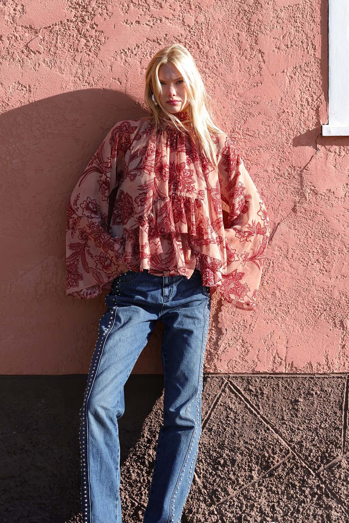 Studded blue cotton wide leg jeans with front and back pockets - Cute women's pants by Avec Les Filles