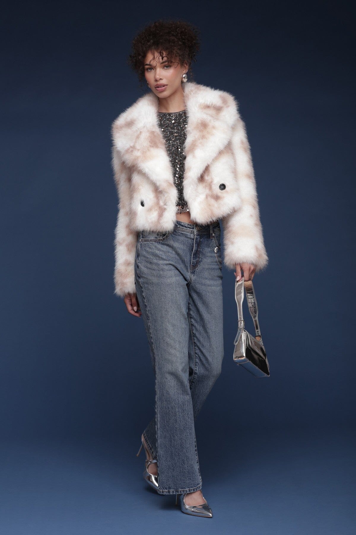 Marbled faux fur cropped double-breasted button front cream-tan coat with oversized notched collar and side pockets - Cute women's coats by Avec Les Filles