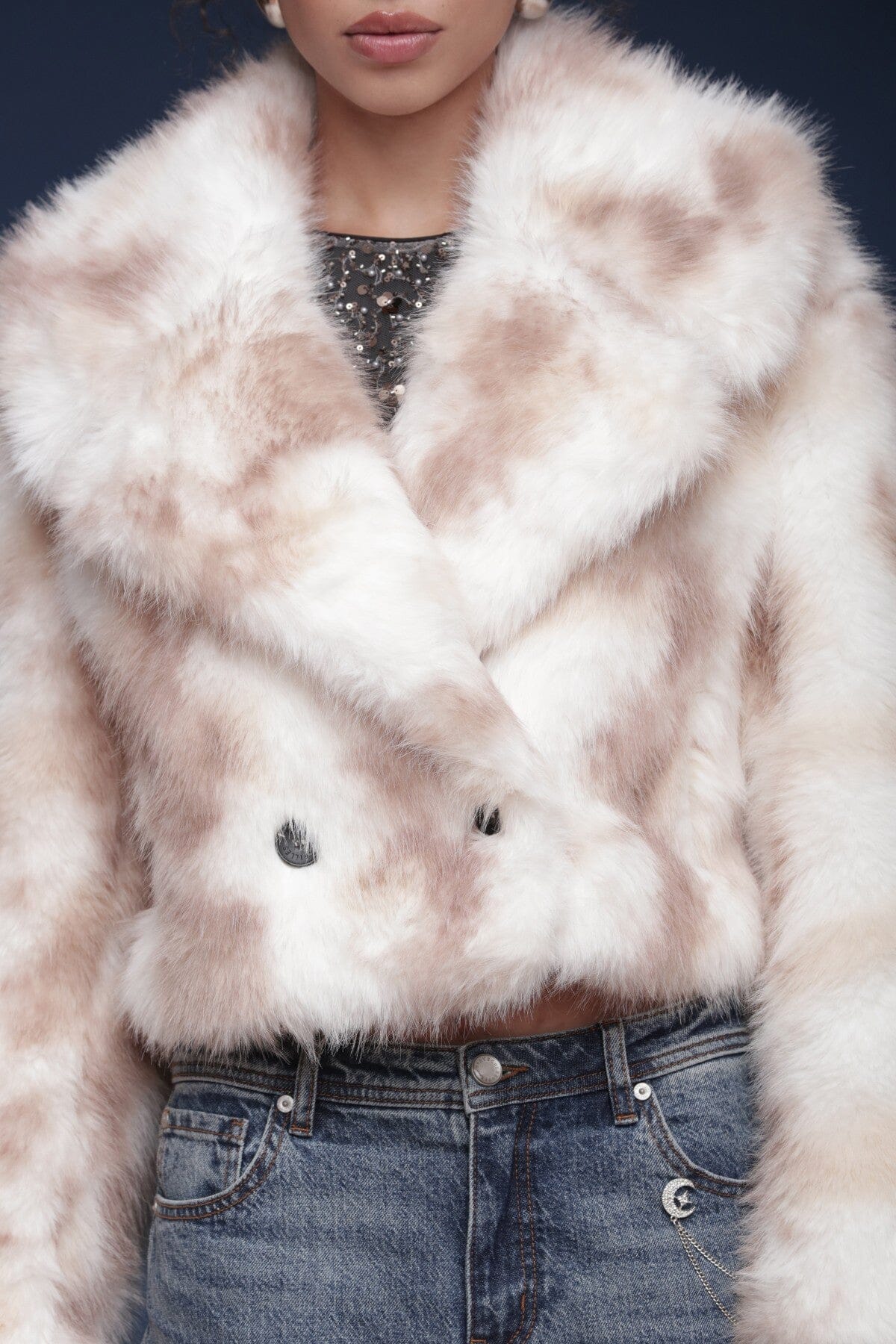 Marbled faux fur cropped double-breasted button front cream-tan coat with oversized notched collar and side pockets - Cute women's coats by Avec Les Filles