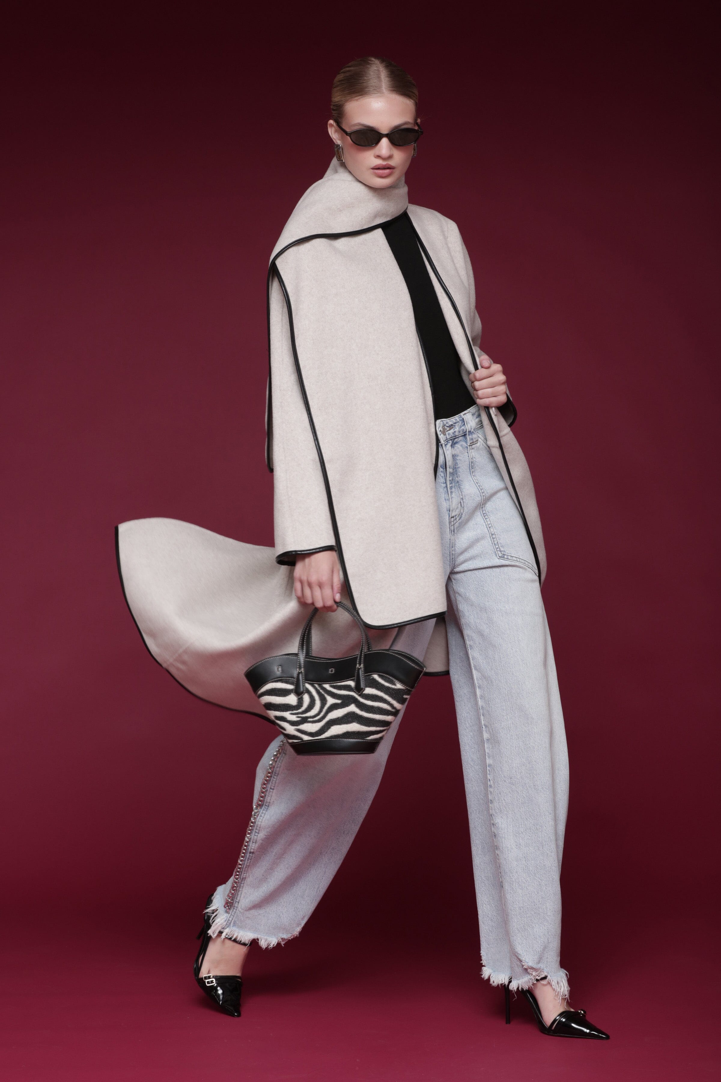 Contrast-trim wool-blend oatmeal taupe long coat with a collarless design and a detachable scarf overlay - Shop designer women’s long coats by Avec Les Filles