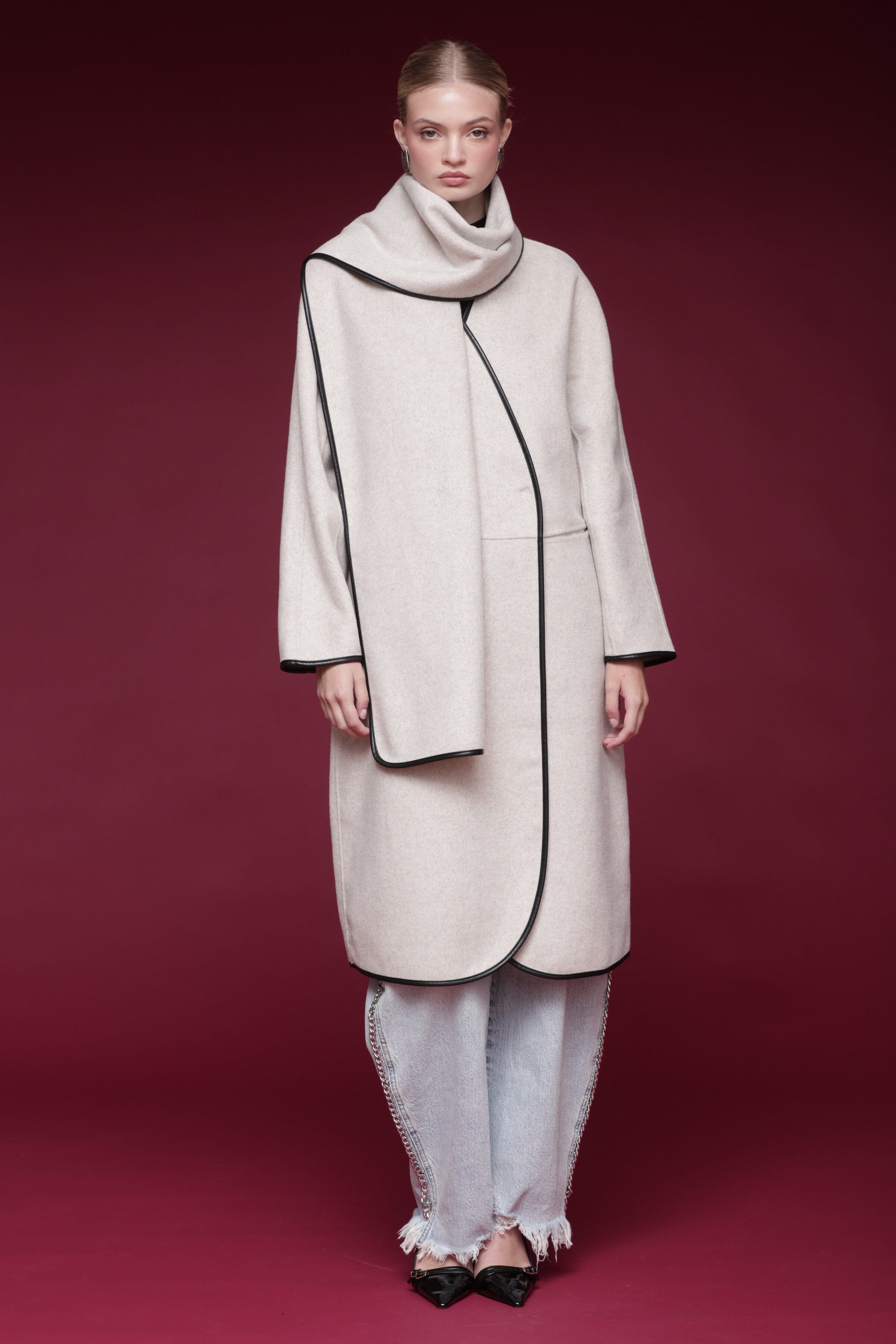 Contrast-trim wool-blend oatmeal taupe long coat with a collarless design and a detachable scarf overlay - Shop designer women’s long coats by Avec Les Filles