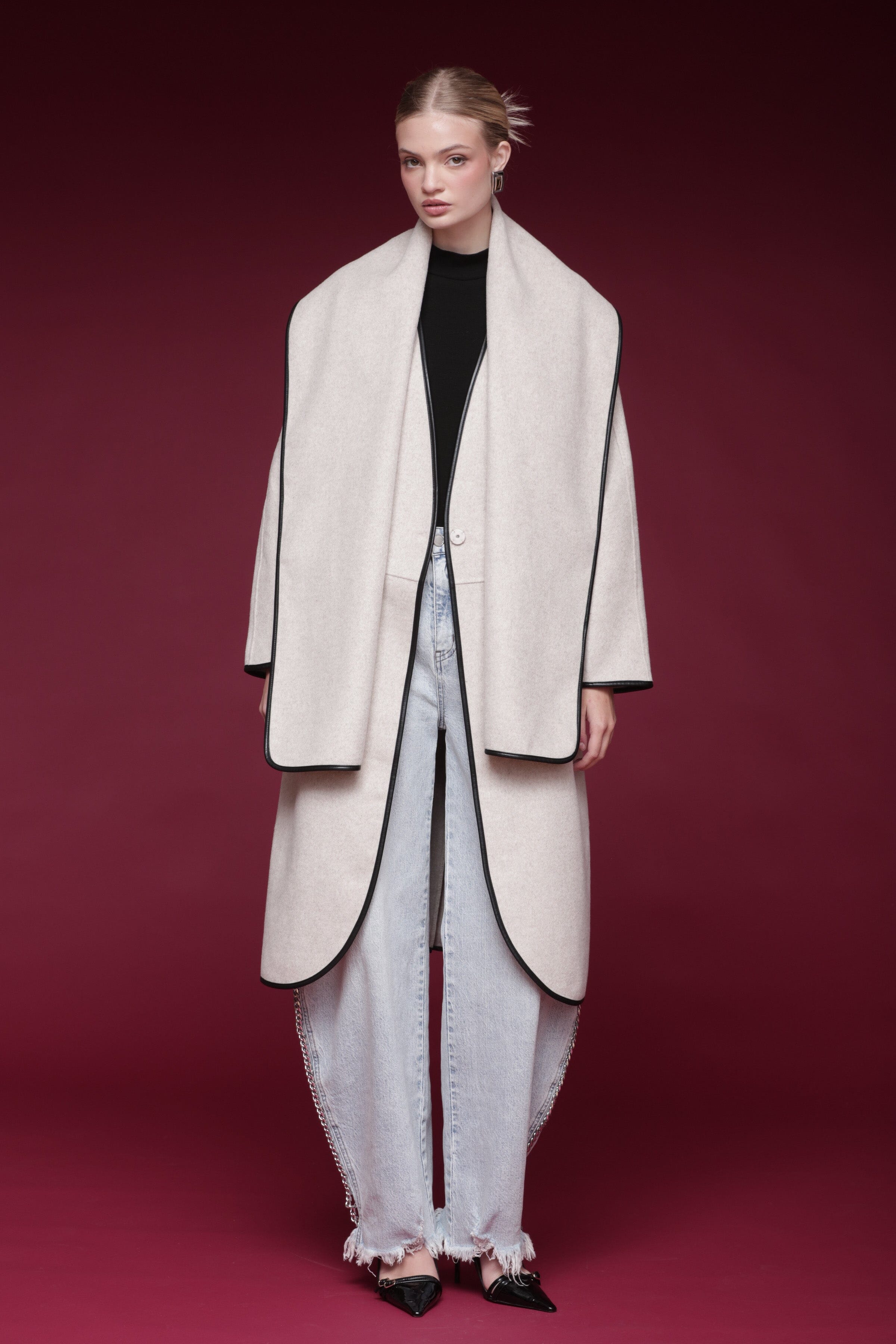 Contrast-trim wool-blend oatmeal taupe long coat with a collarless design and a detachable scarf overlay - Shop designer women’s long coats by Avec Les Filles