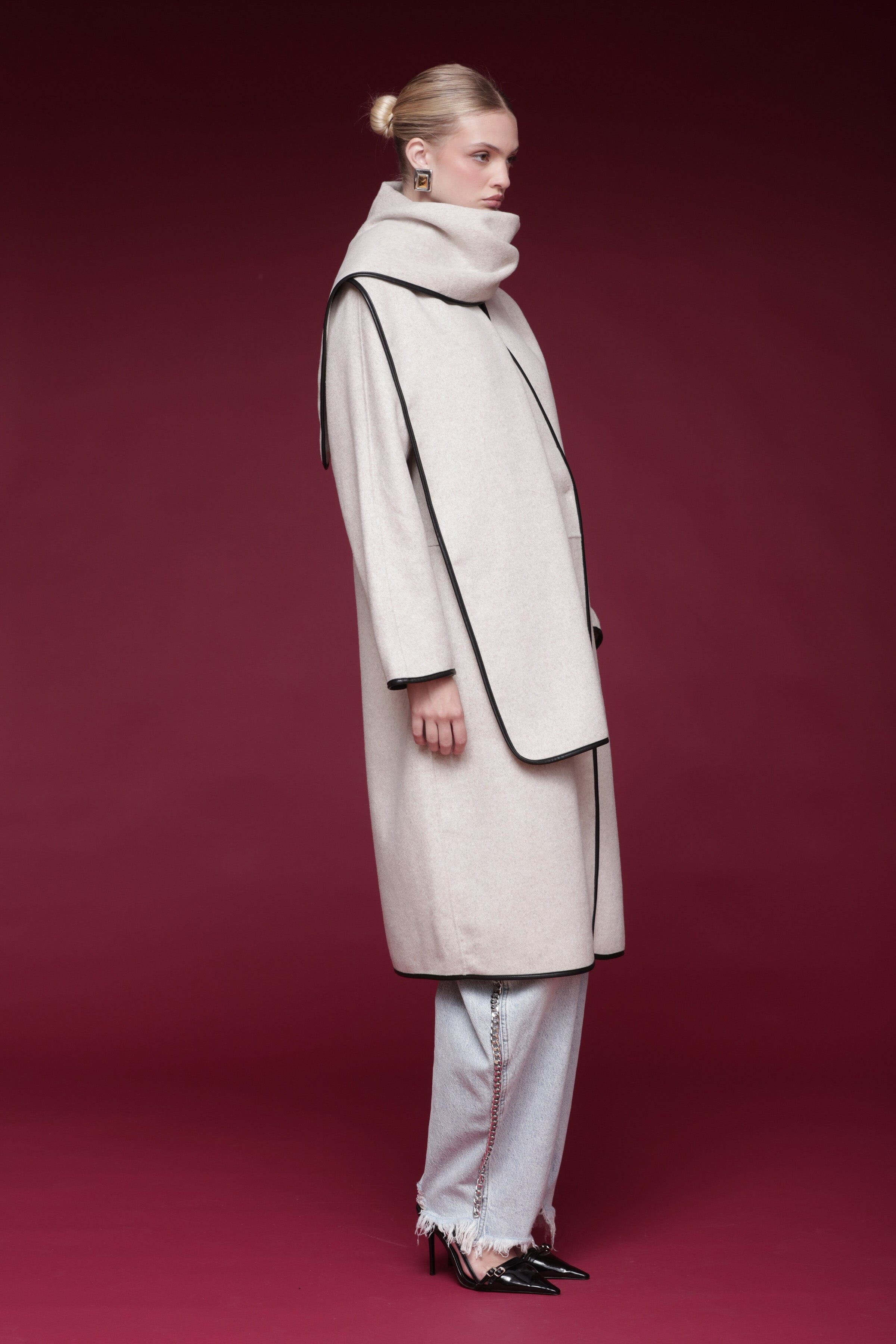 Contrast-trim wool-blend oatmeal taupe long coat with a collarless design and a detachable scarf overlay - Shop designer women’s long coats by Avec Les Filles