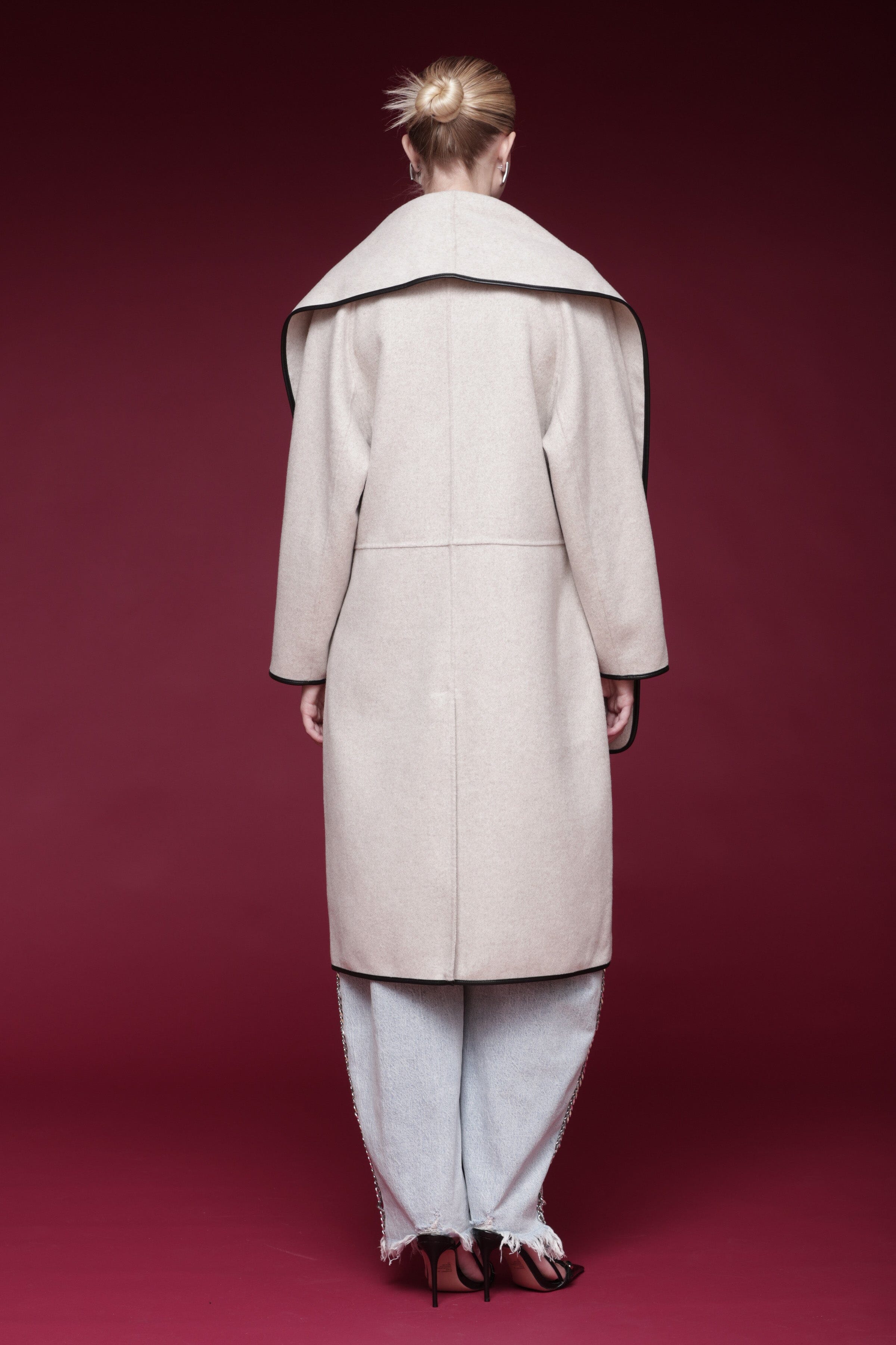 Contrast-trim wool-blend oatmeal taupe long coat with a collarless design and a detachable scarf overlay - Shop designer women’s long coats by Avec Les Filles