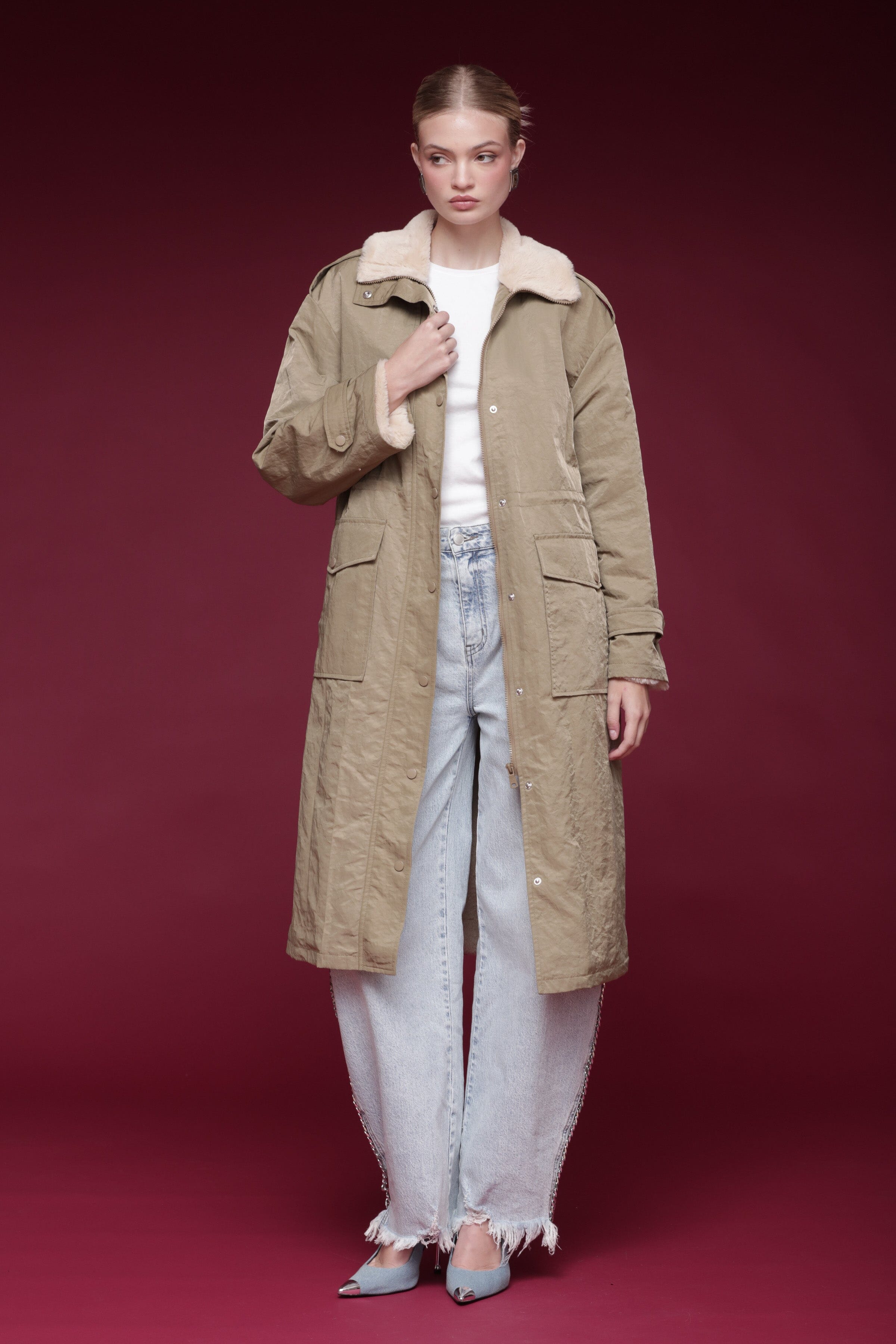 Faux-lined nylon beige parka coat with long sleeves, drawcord waist and a stand collar - Shop designer coats by Avec Les Filles