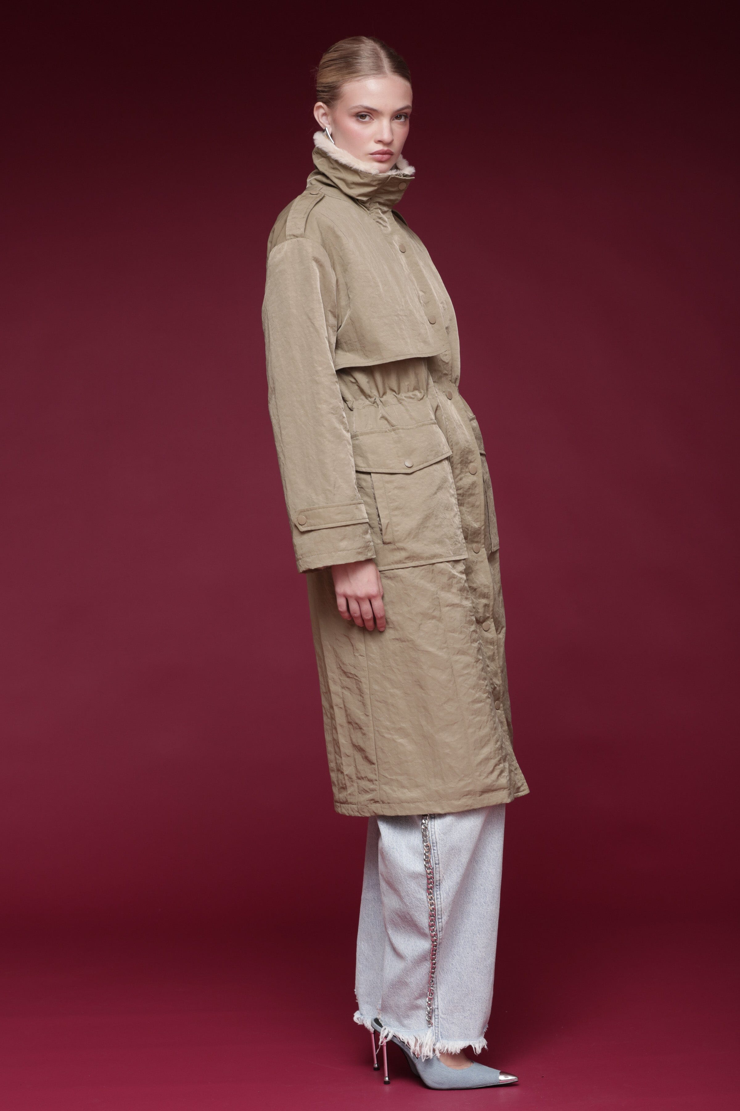 Faux-lined nylon beige parka coat with long sleeves, drawcord waist and a stand collar - Shop designer coats by Avec Les Filles