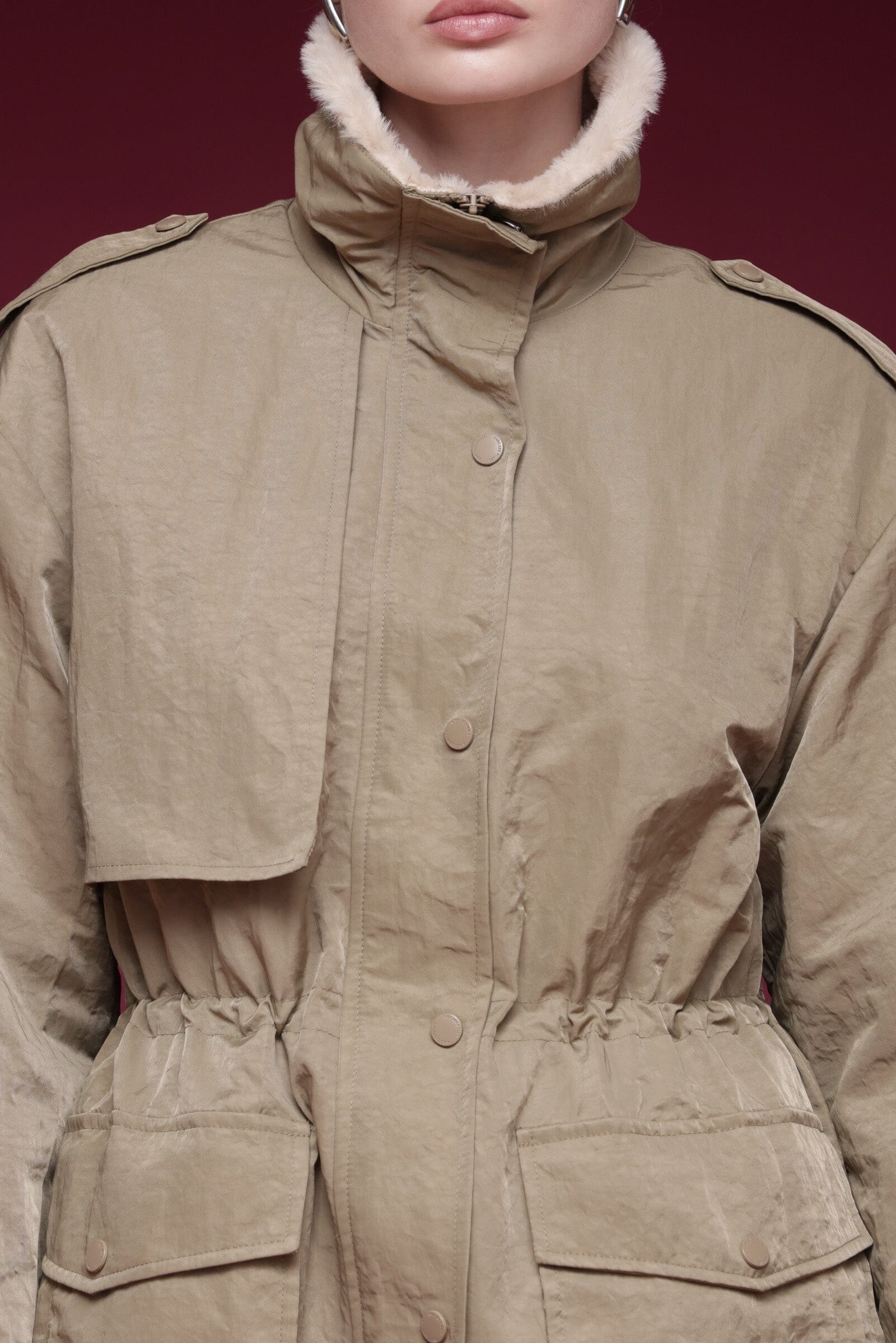 Faux-lined nylon beige parka coat with long sleeves, drawcord waist and a stand collar - Shop designer coats by Avec Les Filles