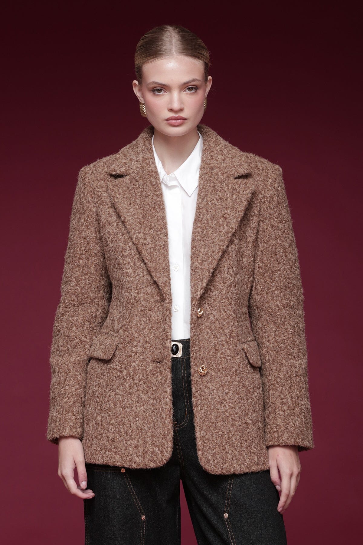 Textured faux mohair button front camel blazer jacket with notched collar and flap pockets - Cute women's blazers by Avec Les Filles