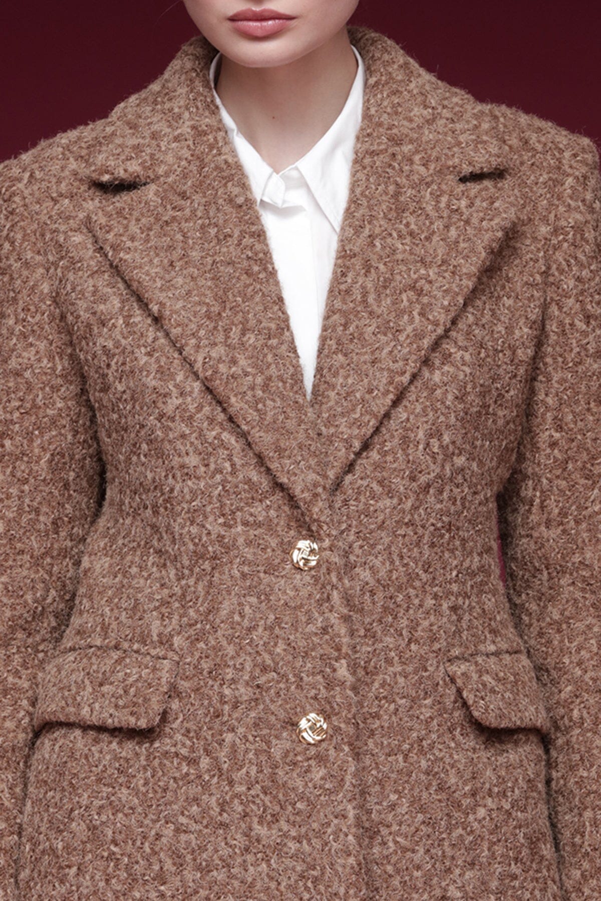 Textured faux mohair button front camel blazer jacket with notched collar and flap pockets - Cute women's blazers by Avec Les Filles