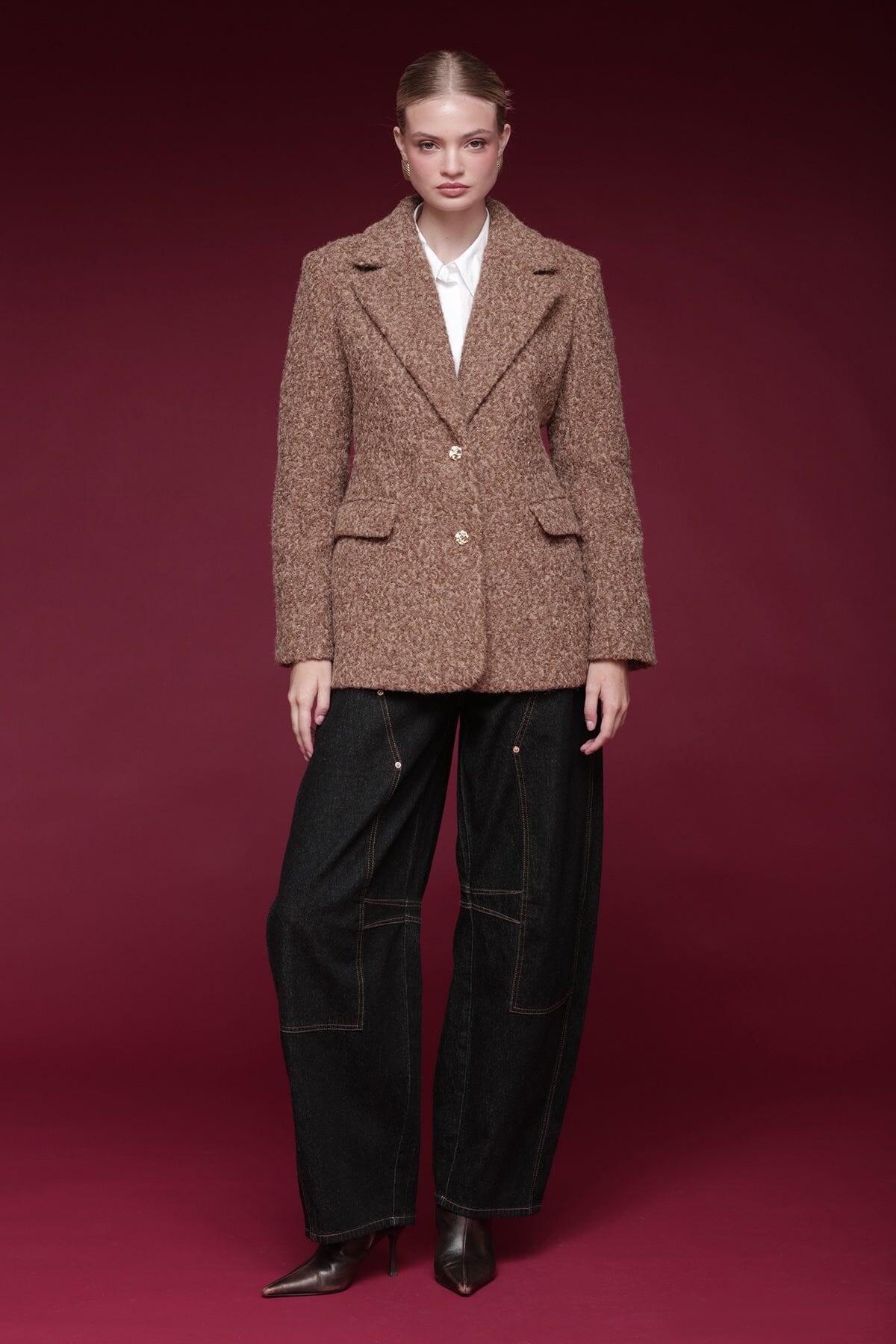 Textured faux mohair button front camel blazer jacket with notched collar and flap pockets - Cute women's blazers by Avec Les Filles