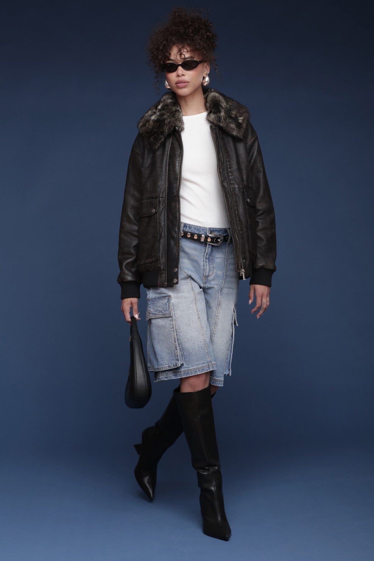 Shearling collared genuine leather black bomber jacket with zip-front closure and flap pockets - Shop women's jackets by Avec Les Filles