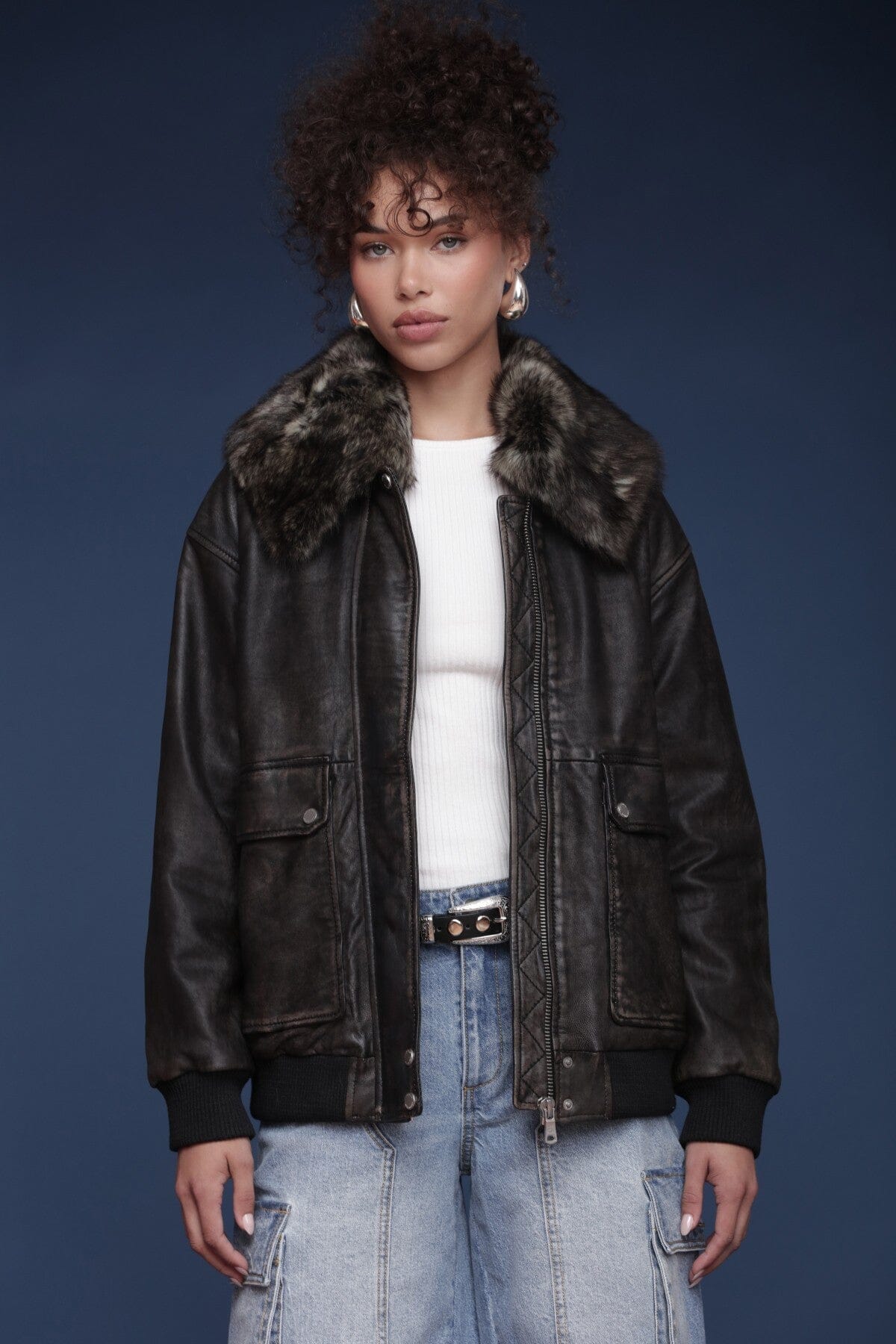 Shearling collared genuine leather black bomber jacket with zip-front closure and flap pockets - Shop women's jackets by Avec Les Filles