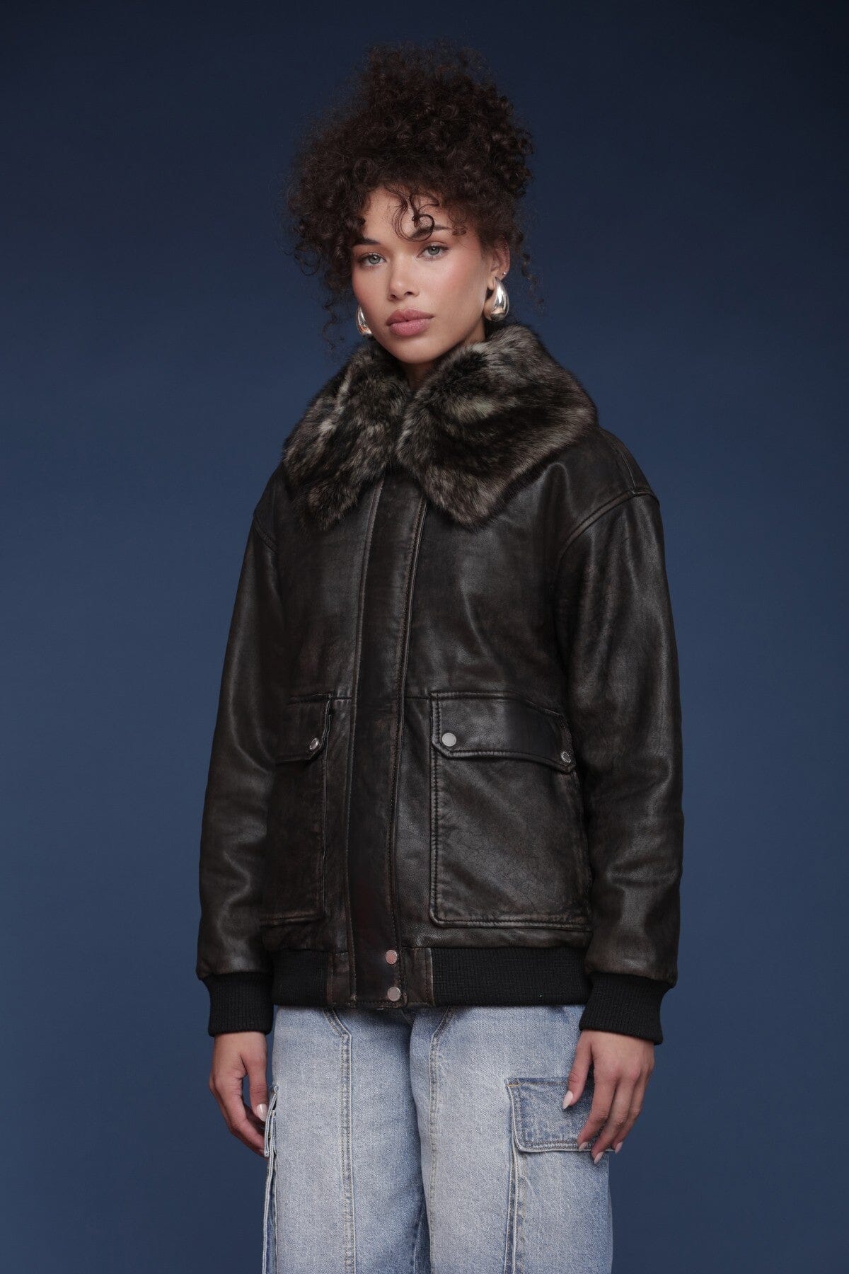 Shearling collared genuine leather black bomber jacket with zip-front closure and flap pockets - Shop women's jackets by Avec Les Filles