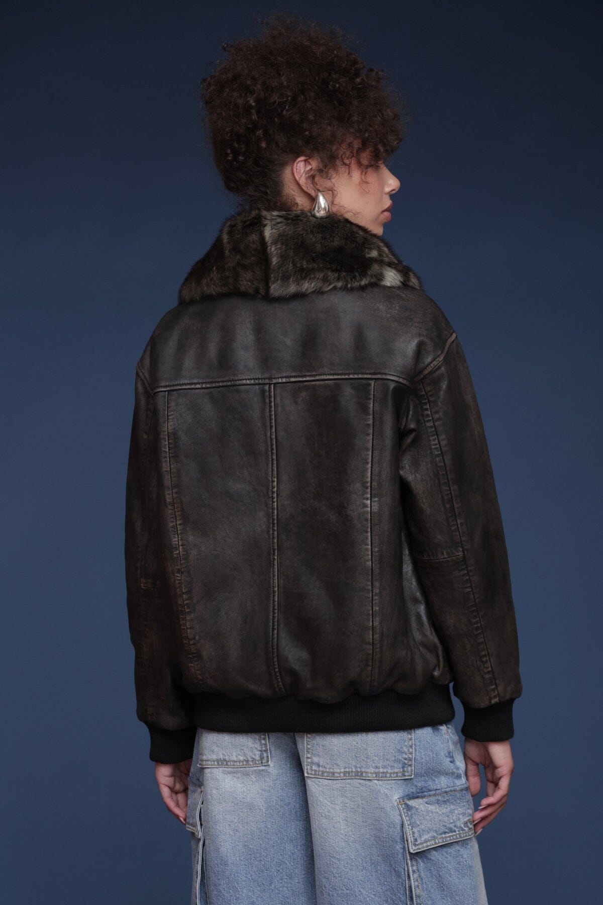 Shearling collared genuine leather black bomber jacket with zip-front closure and flap pockets - Shop women's jackets by Avec Les Filles